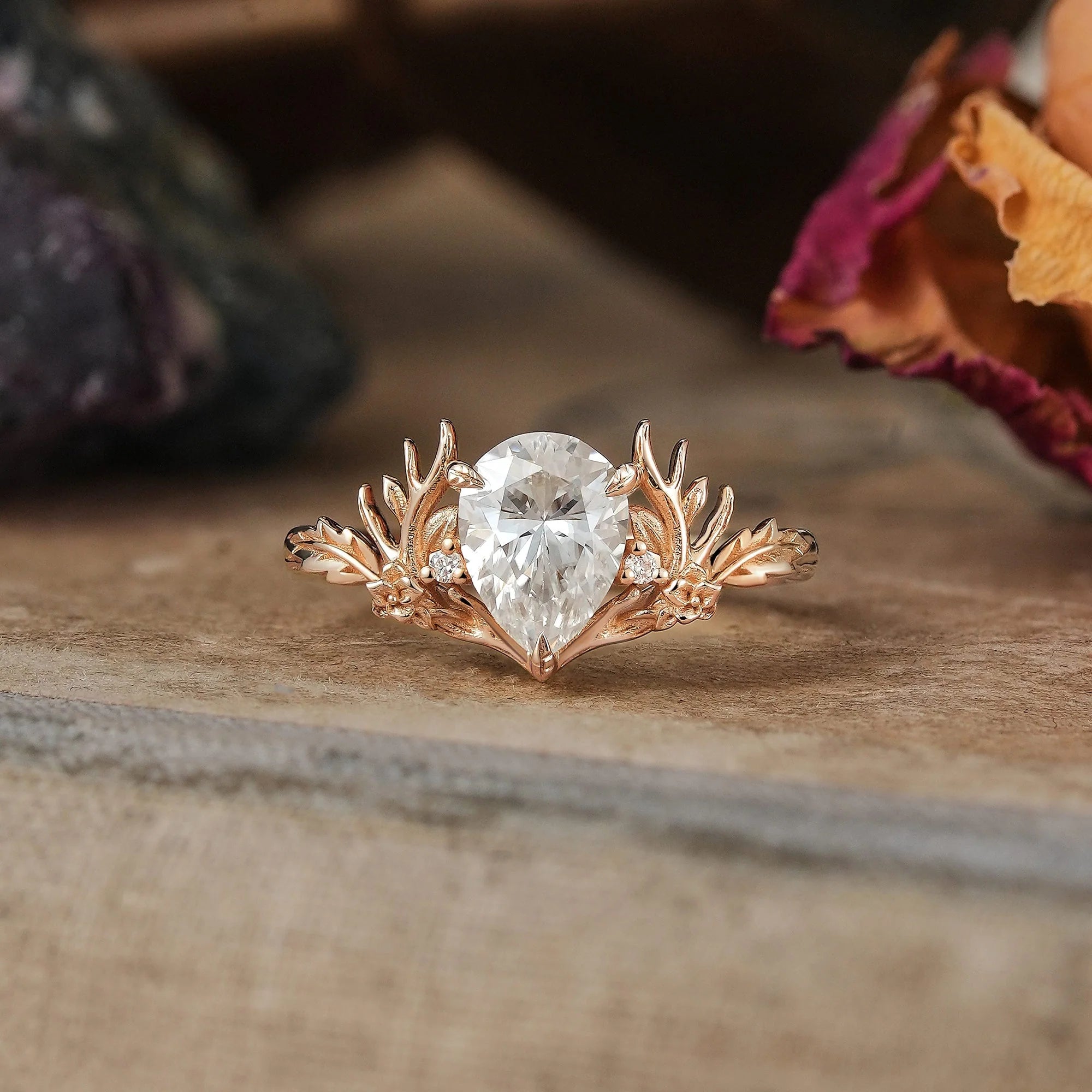Pear Cut Moissanite Stag Inspired Fairy Engagement Ring - Molly