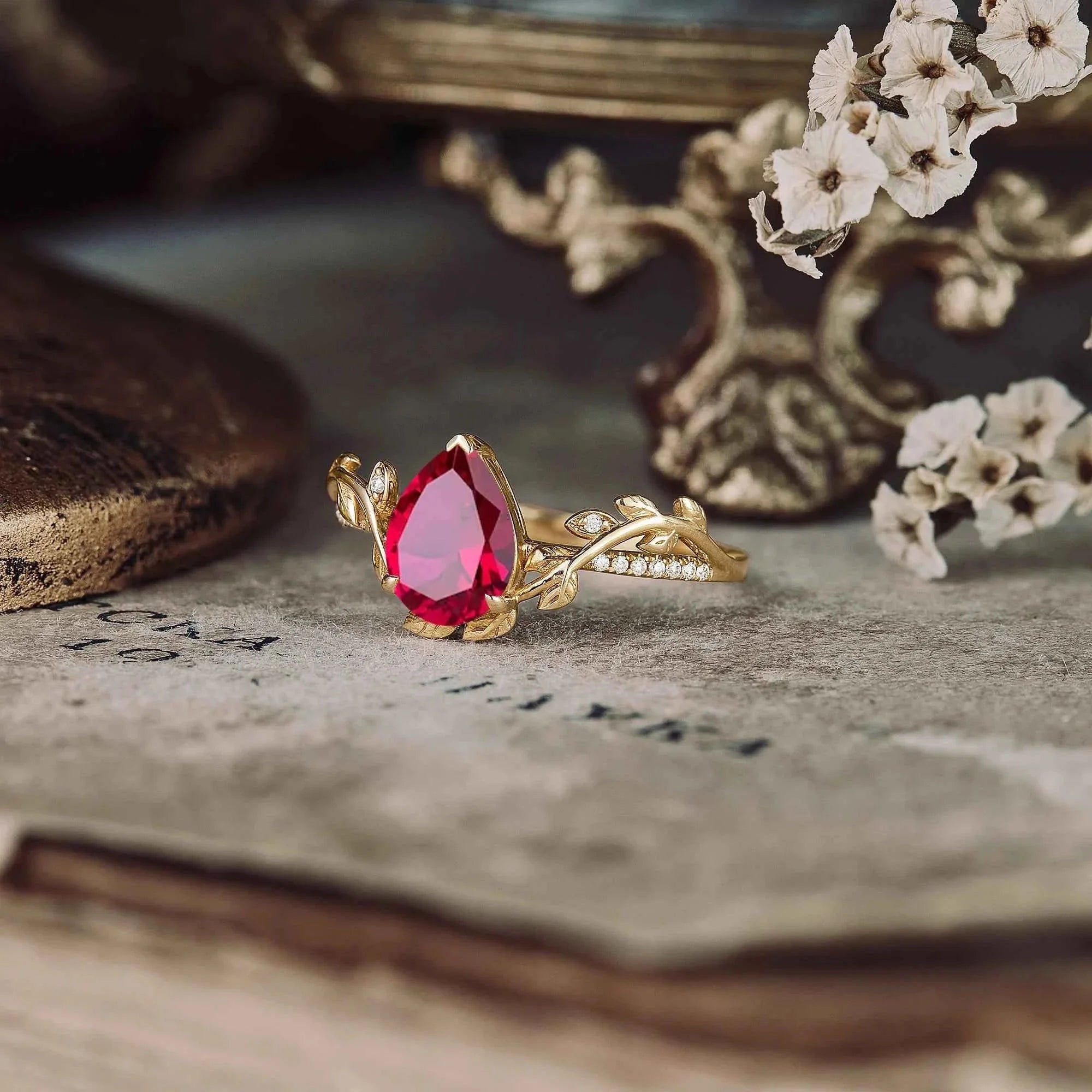 Pear Cut Ruby Nature Inspired Engagement Ring