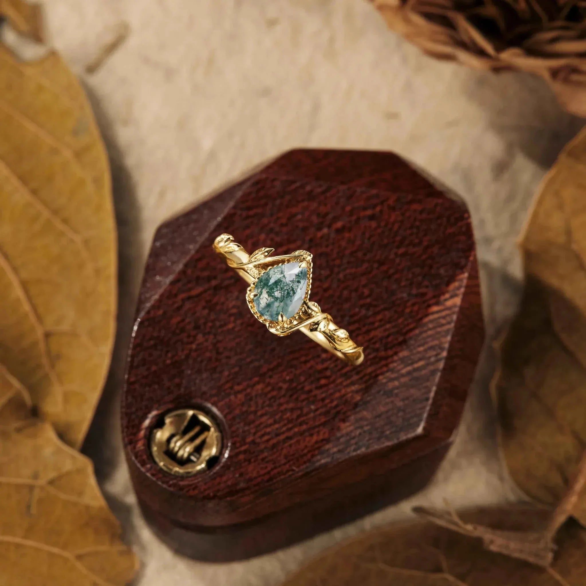 Pear Moss Agate Natural Inspired Leaf Engagement Ring - Nartya