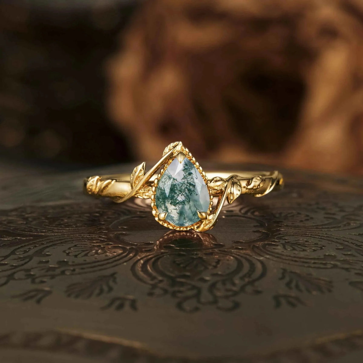 Pear Moss Agate Natural Inspired Leaf Engagement Ring