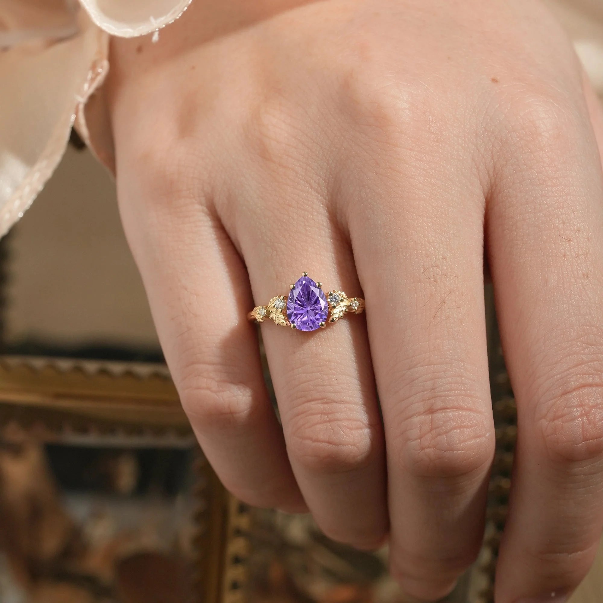 Pear Shaped Sparkle Cut Purple Sapphire Engagement Ring-Daisy