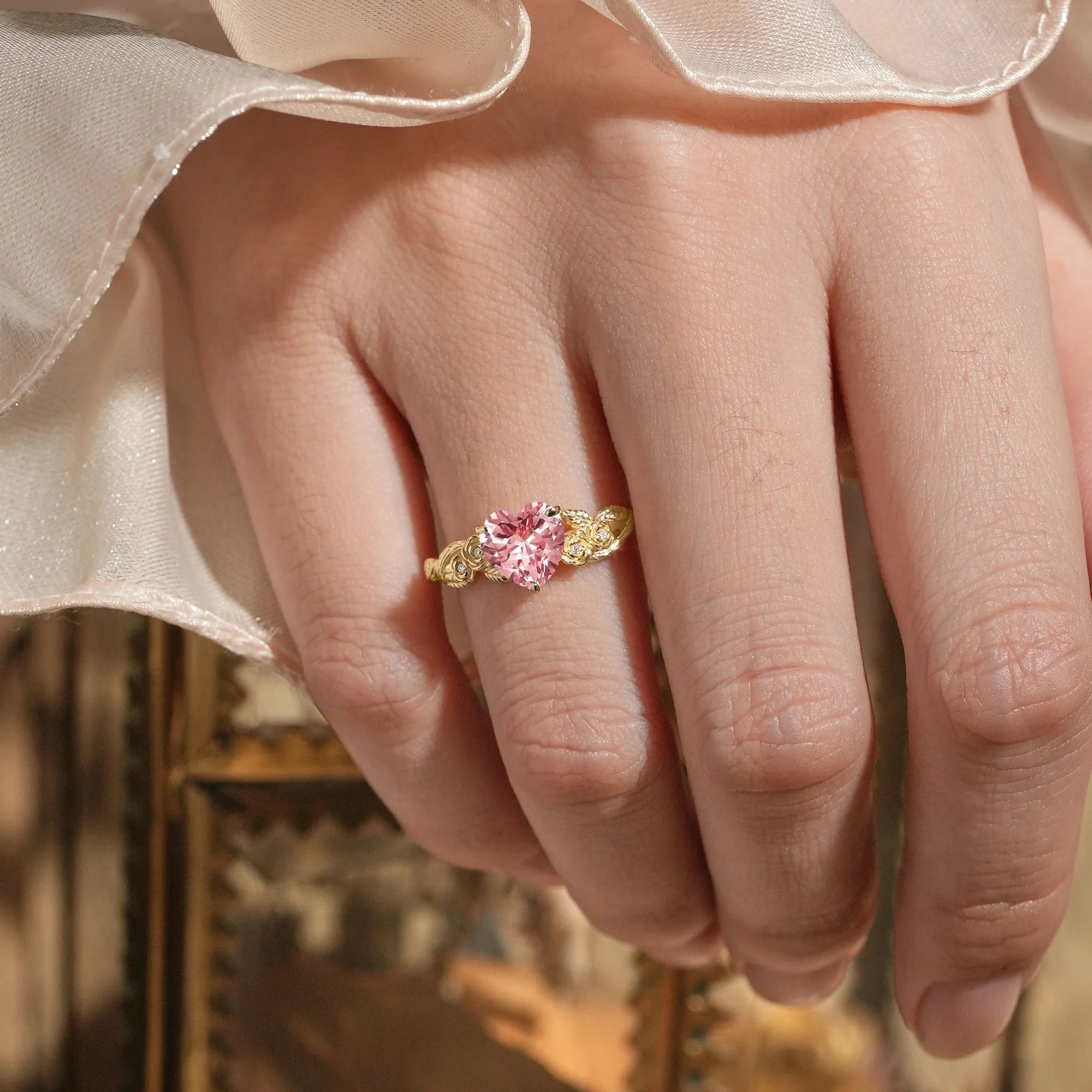 pink Heart Shaped Padparadscha rose flower Engagement Ring - Ivy