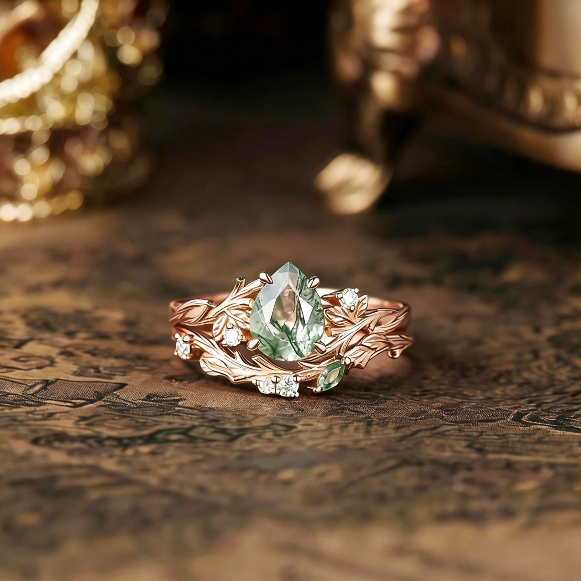 Bark Inspired | Moss Agate Engagement Ring Set Tree Texture