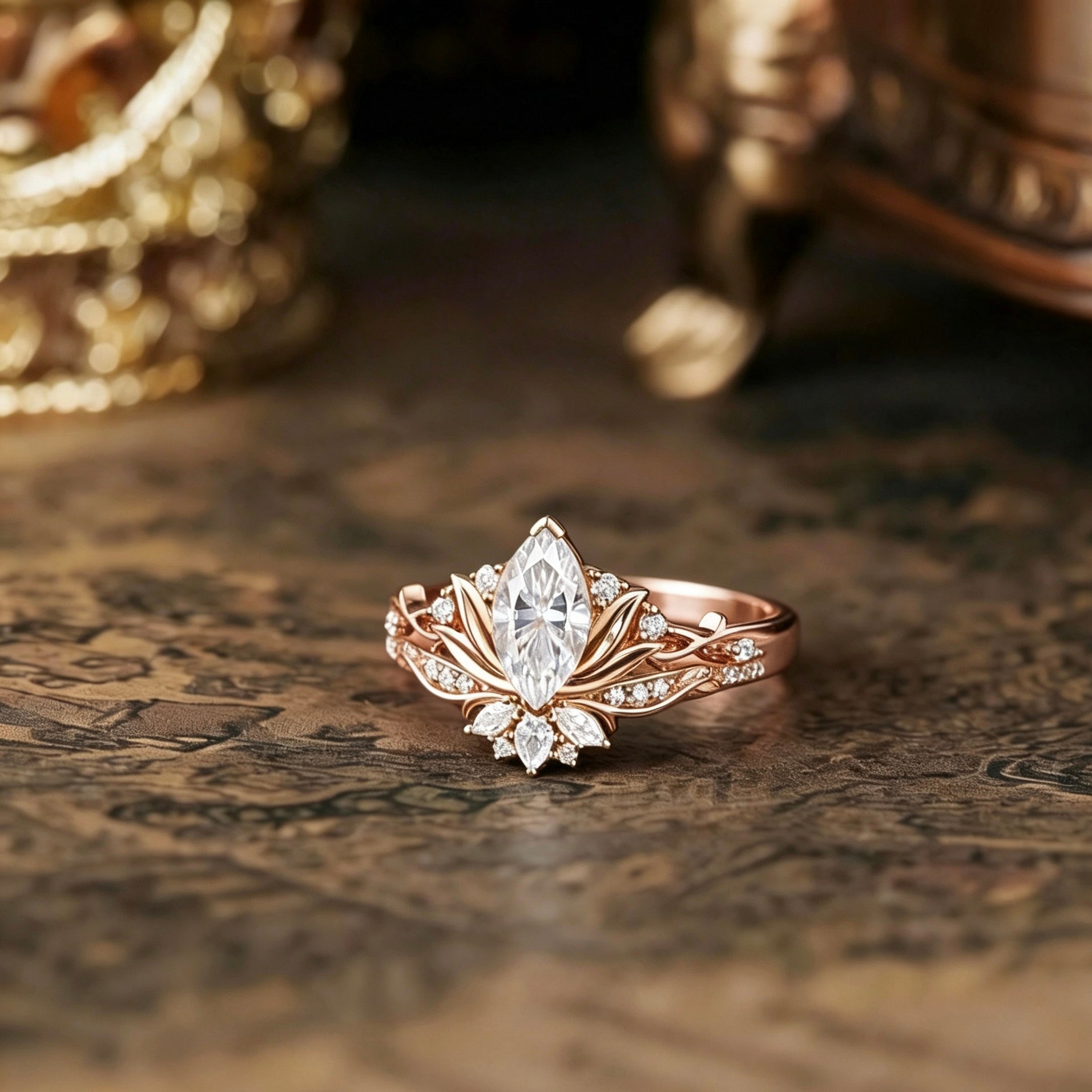 Floral Inspired | Marquise Lotus Engagement Ring Set
