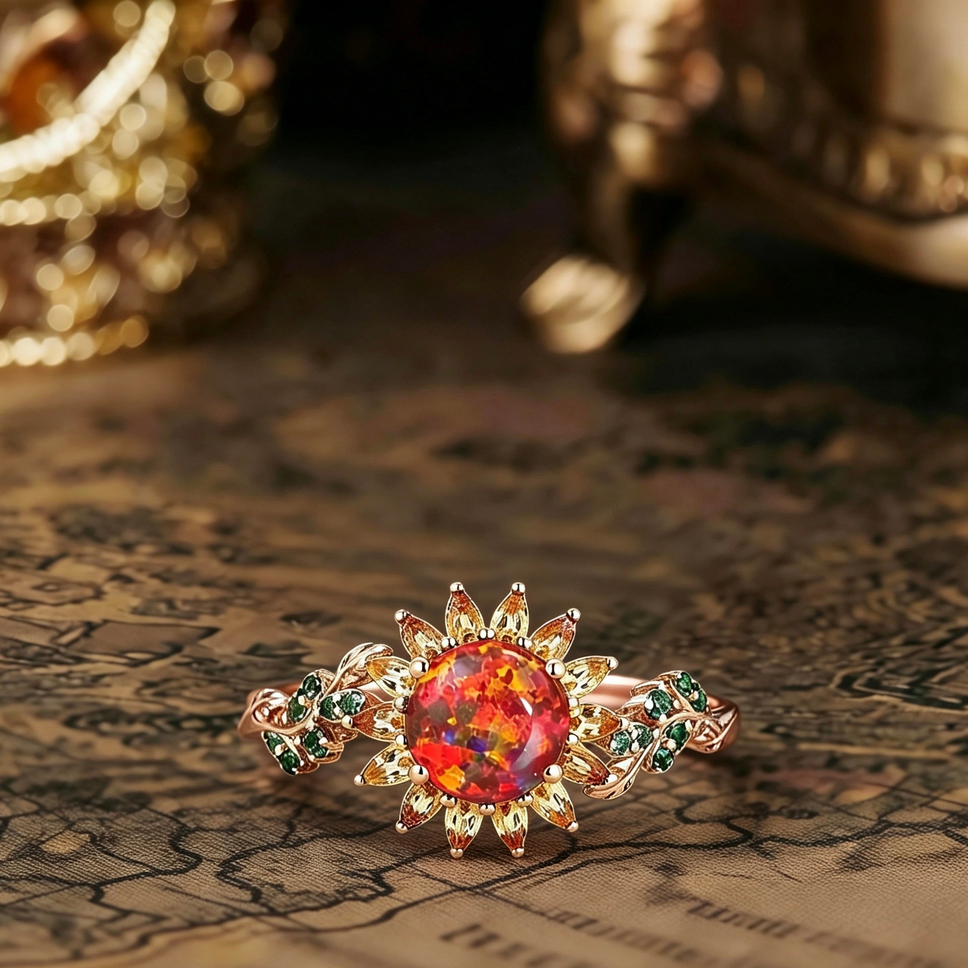 Black Opal Sunflower Engagement Ring - 7mm