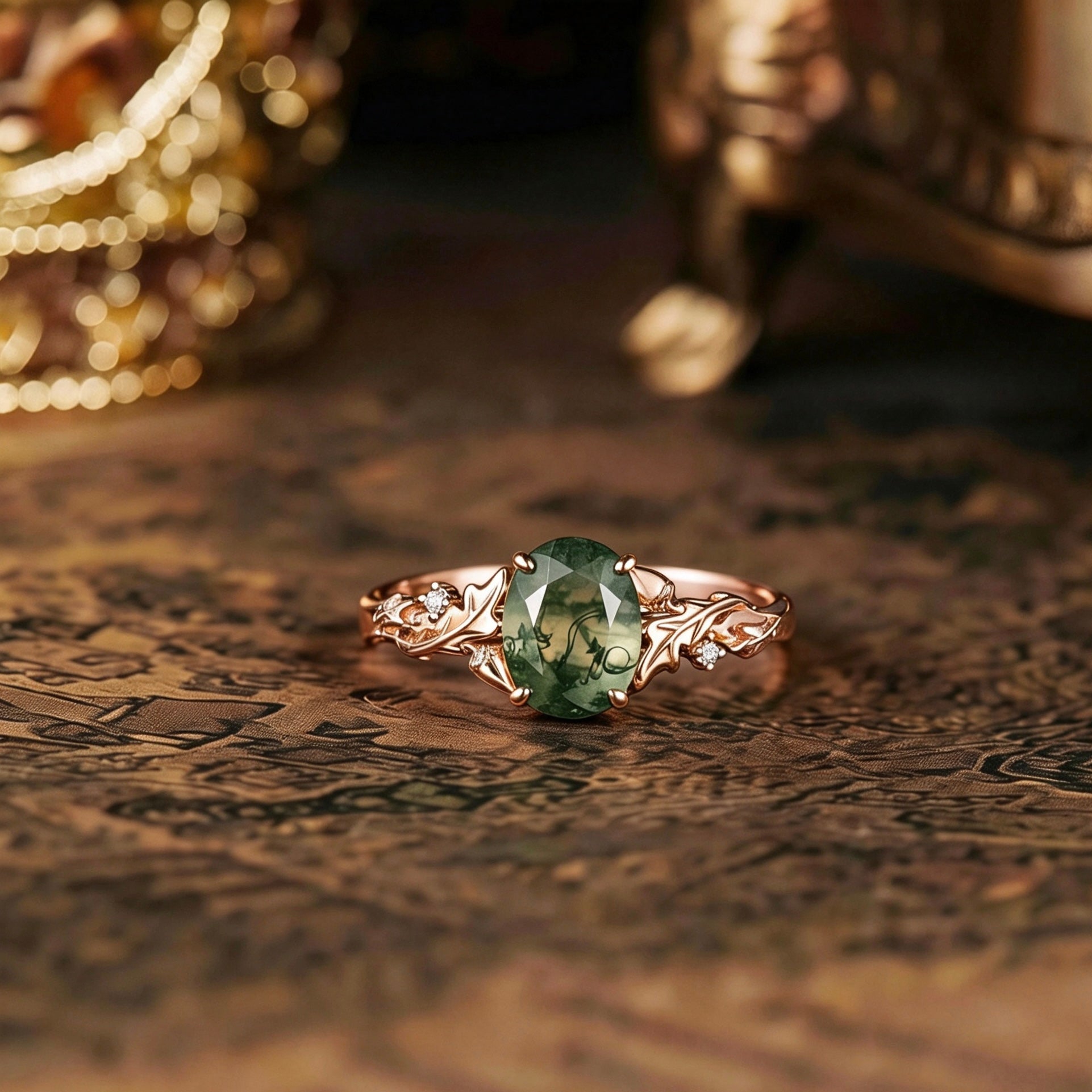 Leaf Inspired | Oak Leaf and Berry Design Moss Agate Engagement Ring