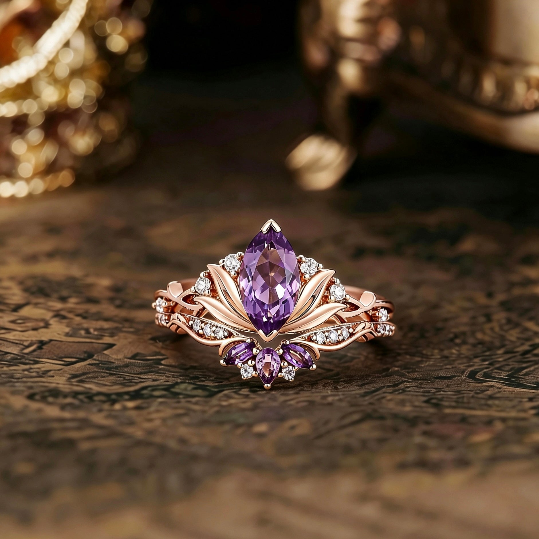 Floral Inspired | Amethyst Water Lily Engagement Ring Set