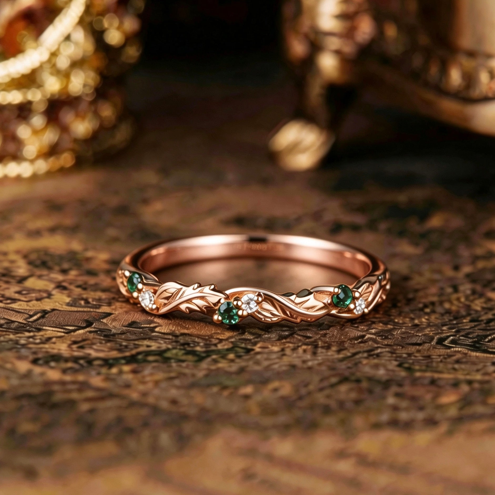 Leaf Inspired | Eternity Wedding Band with Lab Green Sapphire and Moissanite