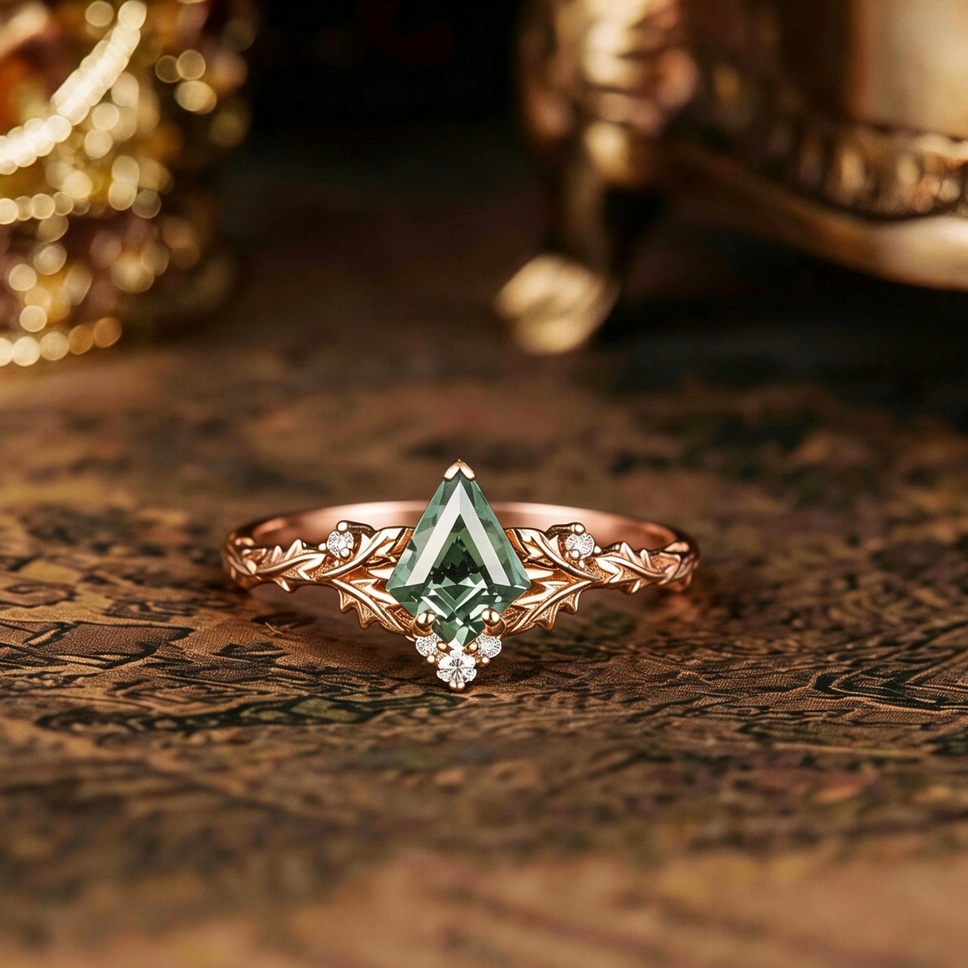 Leaf Inspired | Kite Cut Olive Lab Green Sapphire Engagement Ring