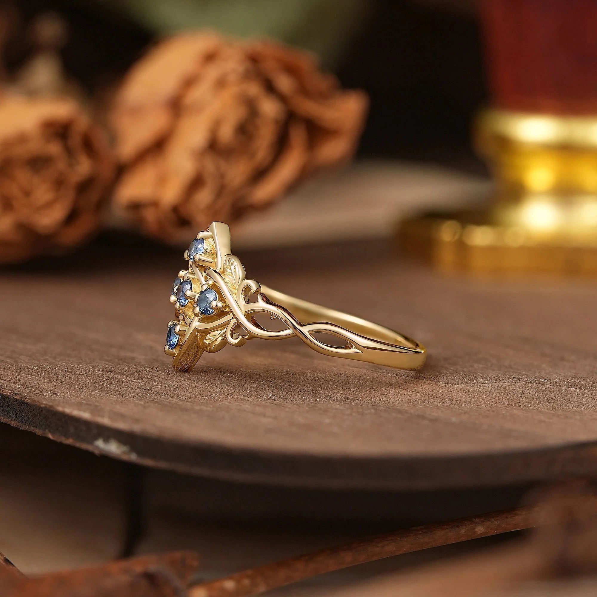 Round Cut Cornflower Sapphire Flower Inspired Twist Band Engagement Ring