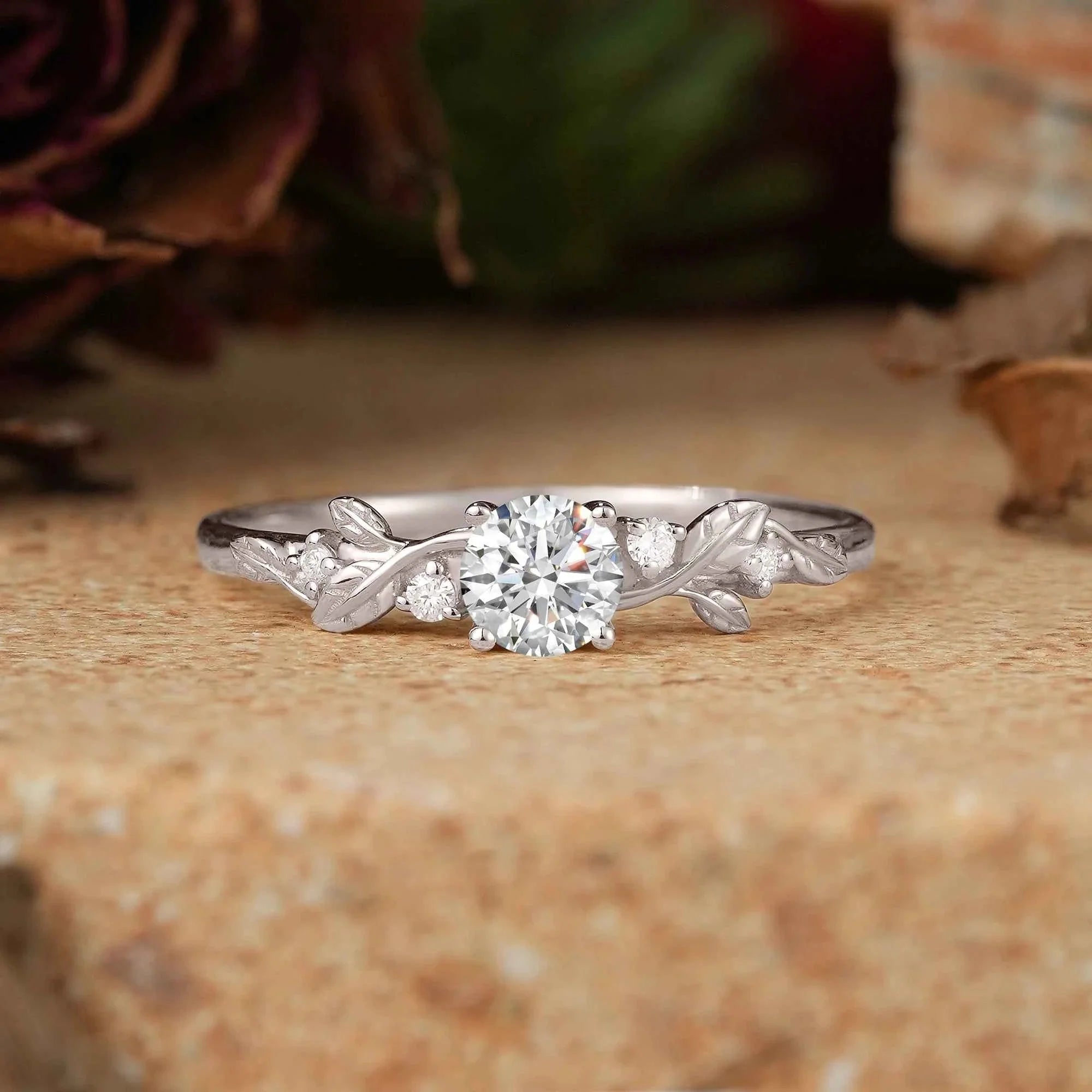 Round-Cut Lab Grown Moissanite Leaf Engagement Ring | Nartya