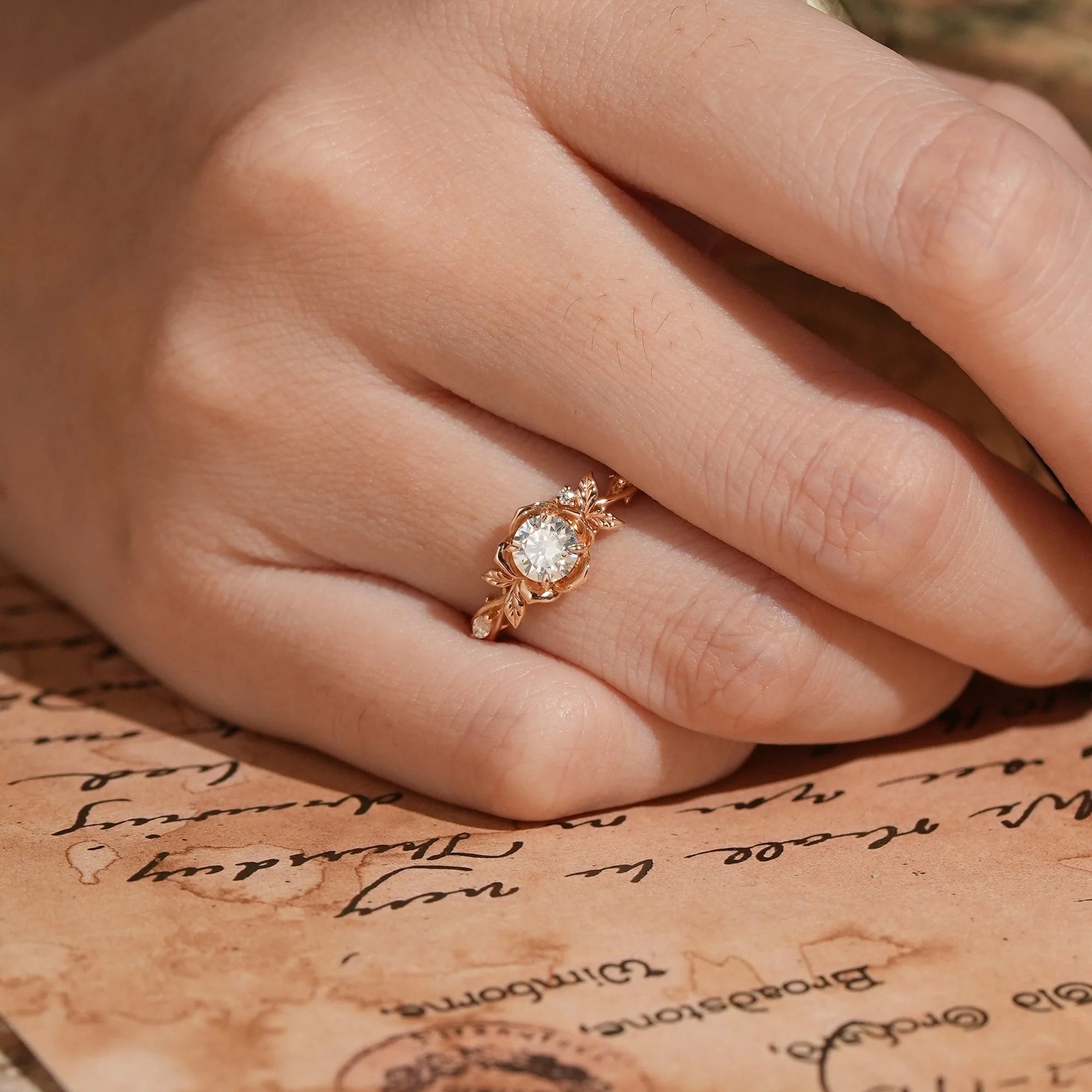 Round Cut Moissanite Flower Inspired Engagement Ring - Ellie