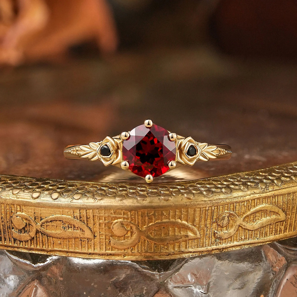 Round Cut Ruby Rose Inspired Milgrain Gothic Engagement Ring - Valeria