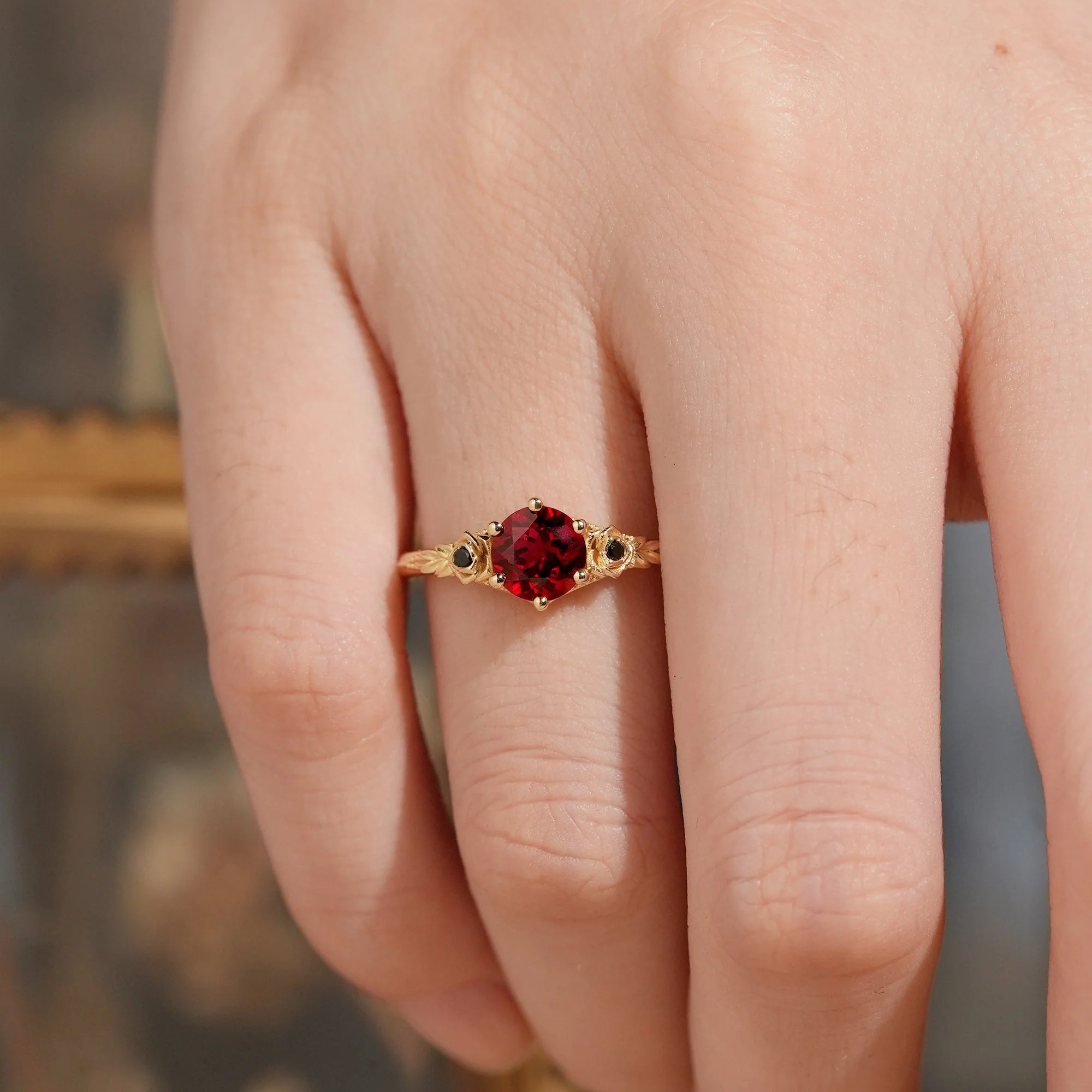 Round Cut Ruby Rose Inspired Milgrain Gothic Engagement Ring - Valeria | Nartya