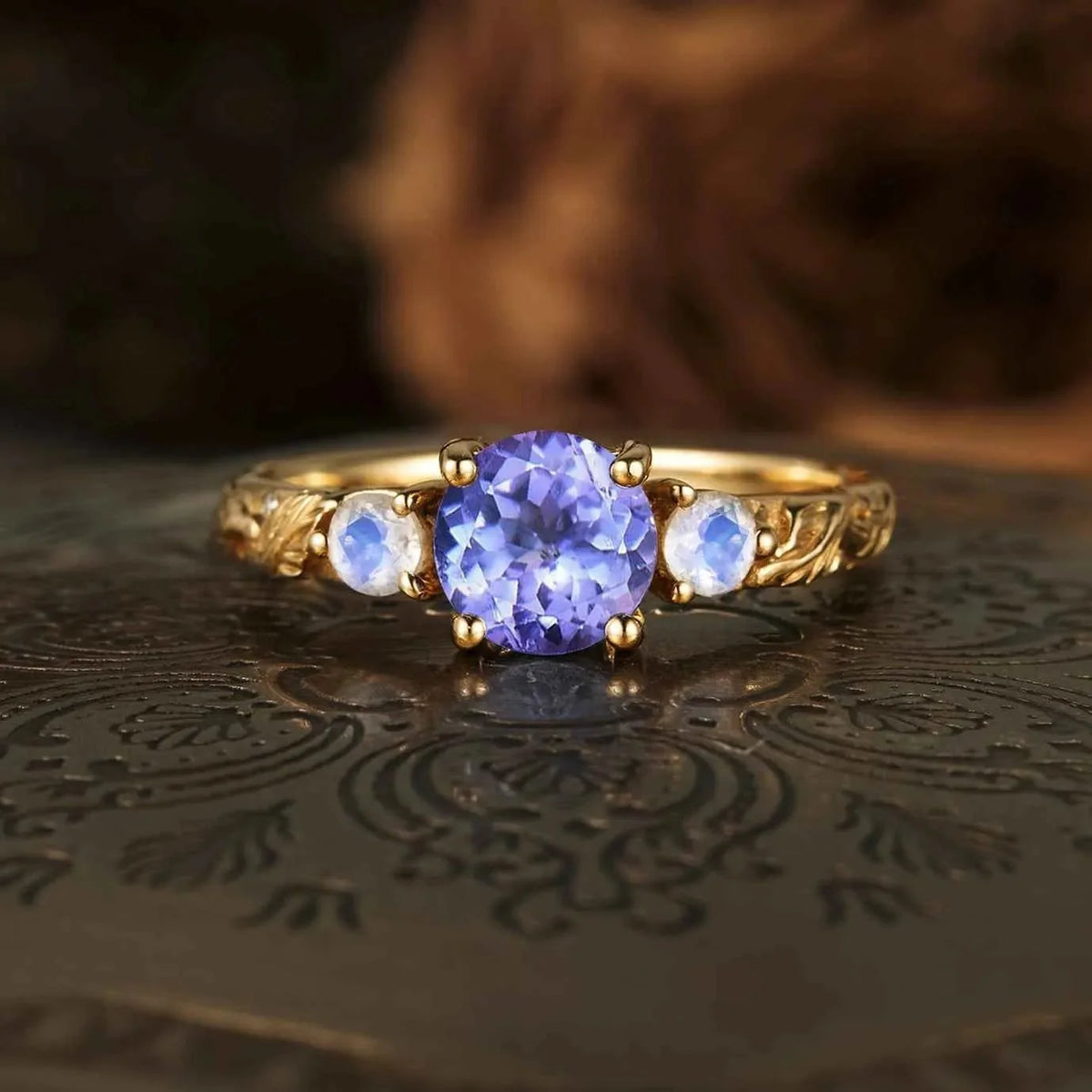 Round Tanzanite Moonstone Cluster Engagement Ring