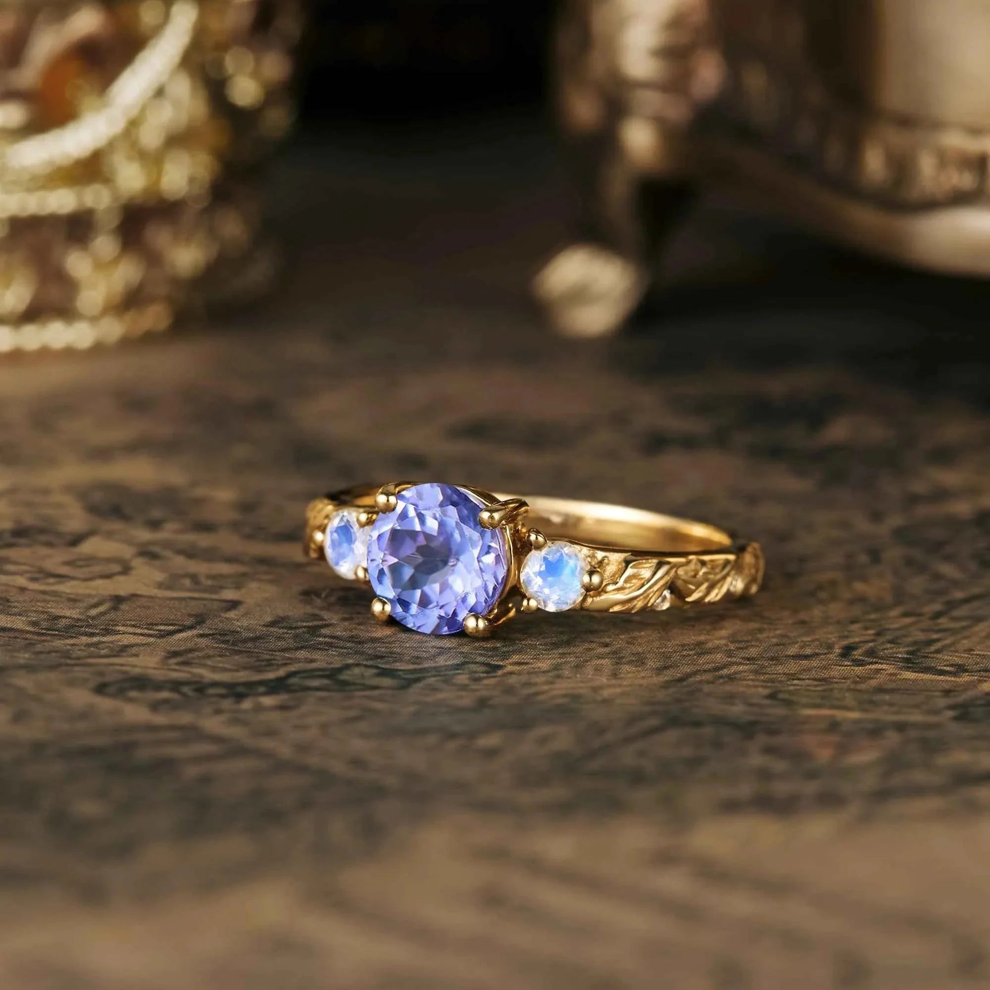 Round Tanzanite Moonstone Cluster Engagement Ring - Nartya