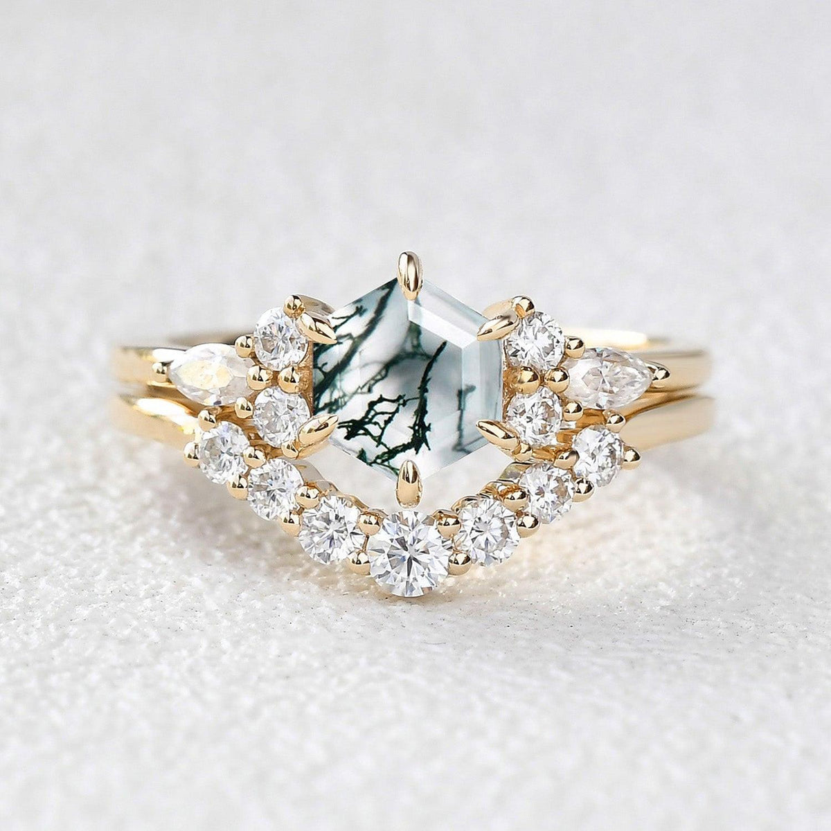 Seraphina’s Imprint | Hexagon Moss Agate Cluster Bridal Duo