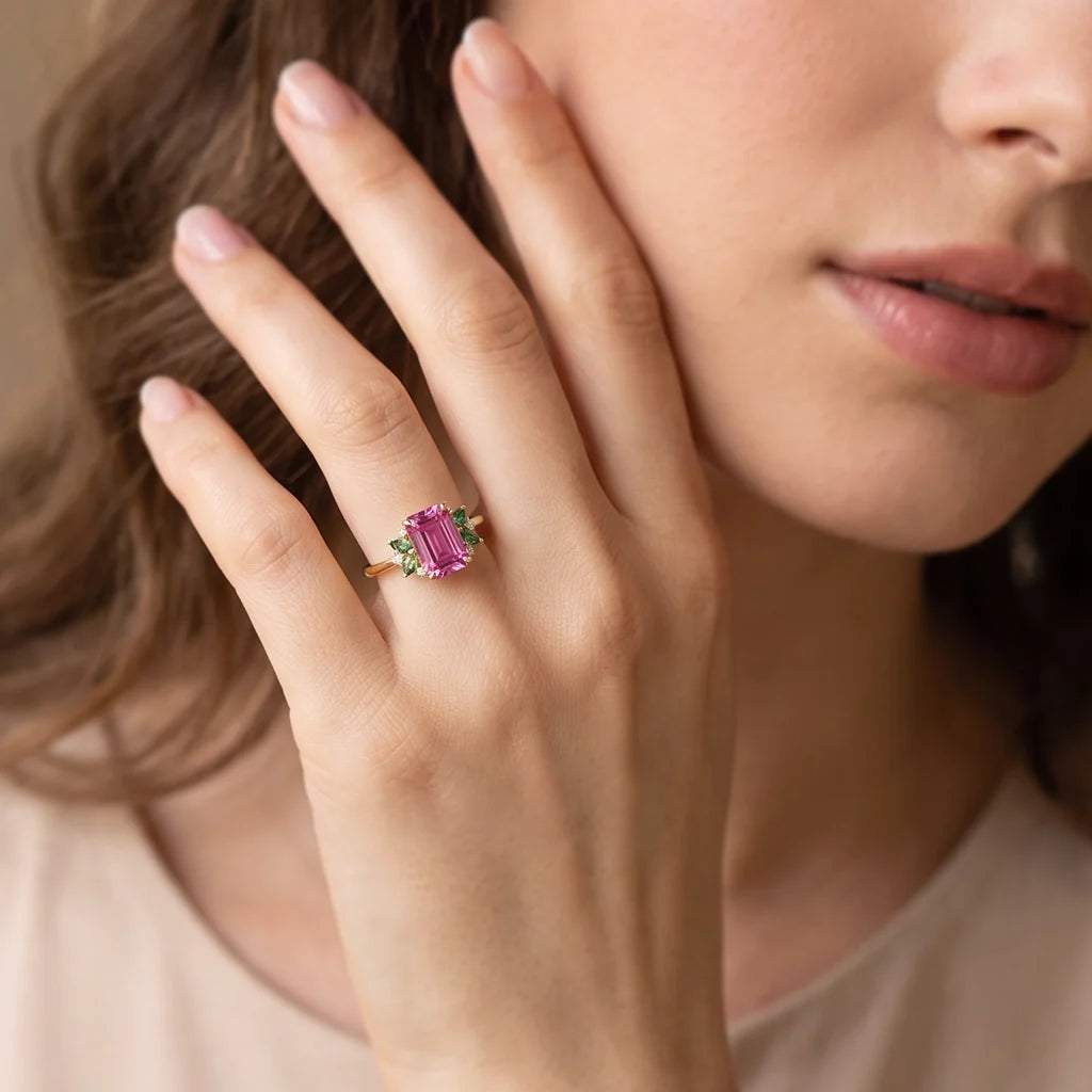 Scarlett’s Ode | 3CT Emerald Cut Ruby Halo Engagement Ring