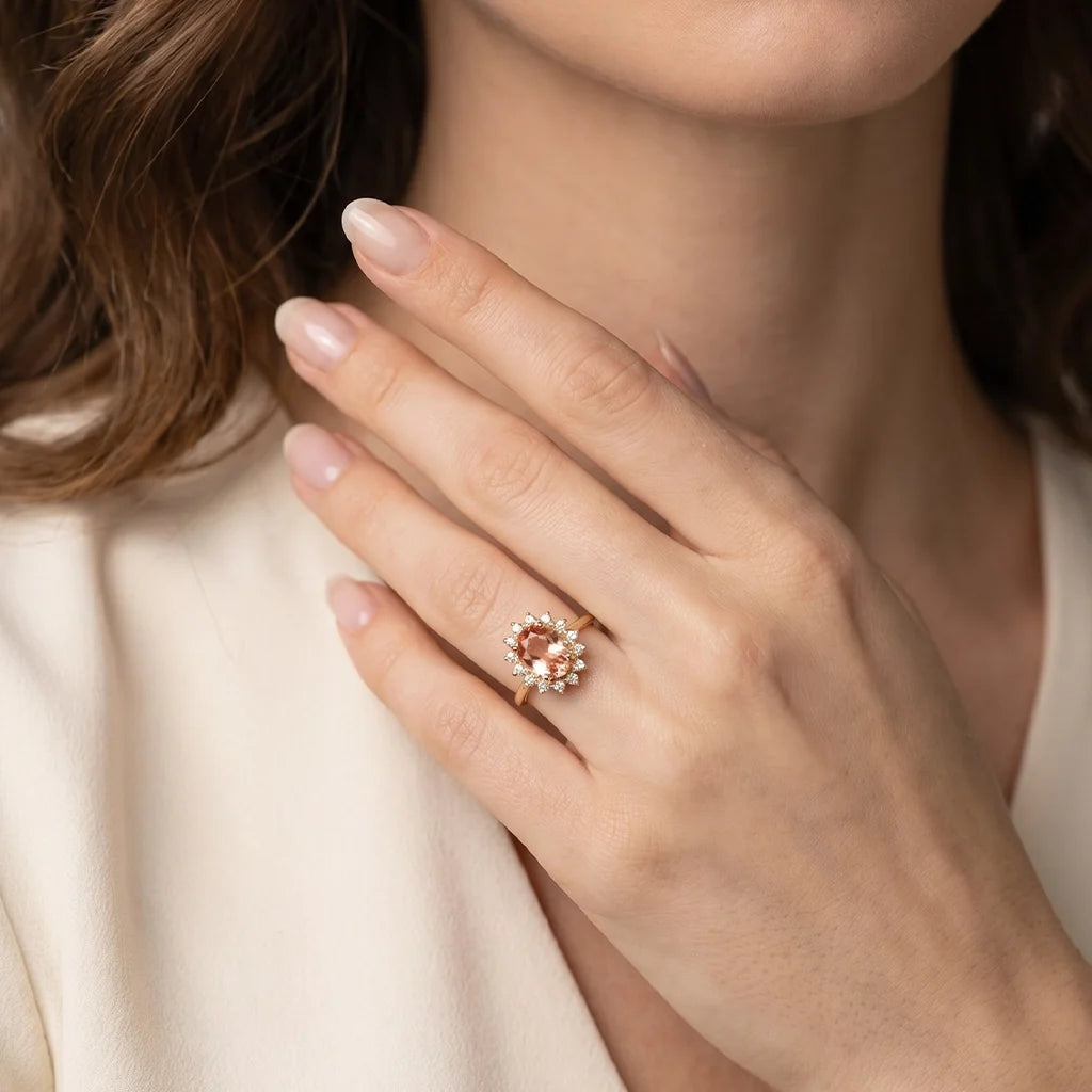 Aurora’s Blush | Oval Pink Tourmaline Halo Ring