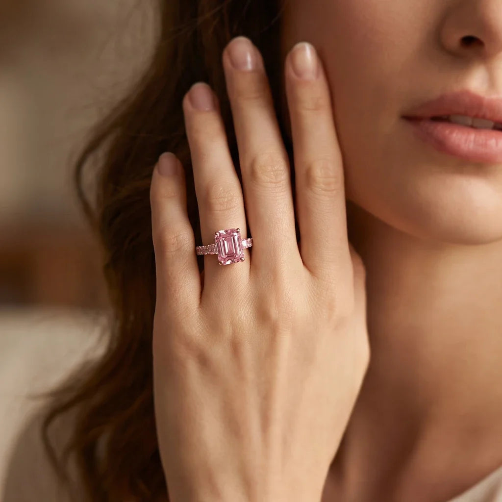 Elena’s Heritage | 3CT Emerald Cut Pink Sapphire Engagement Ring
