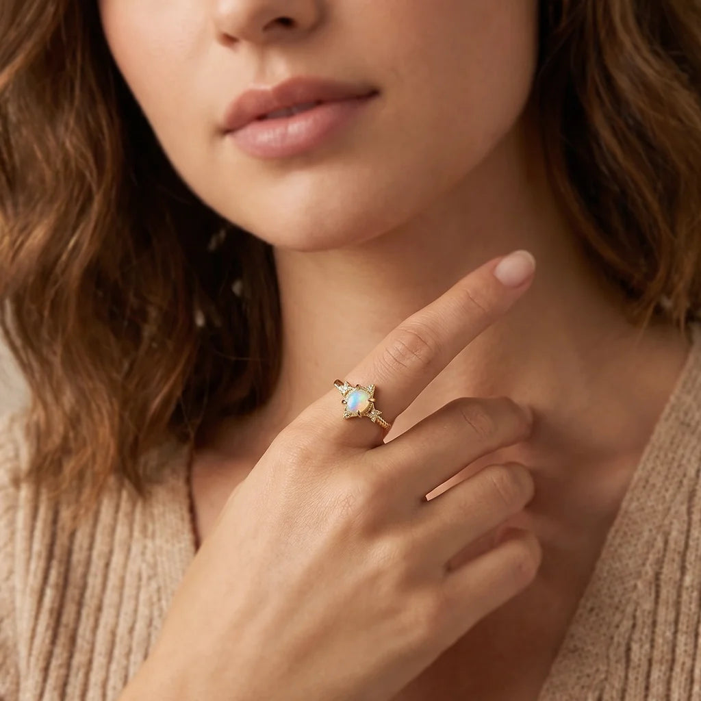 Aurora’s Lattice | Oval Opal Engagement Ring with Lozenge Weave Setting