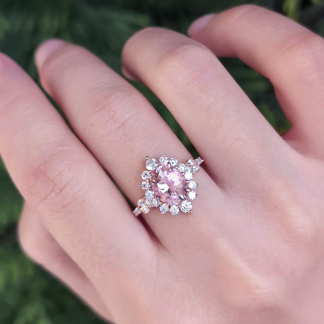 Lyra’s Halo | 1CT Oval Cut Pink Sapphire Halo Engagement Ring