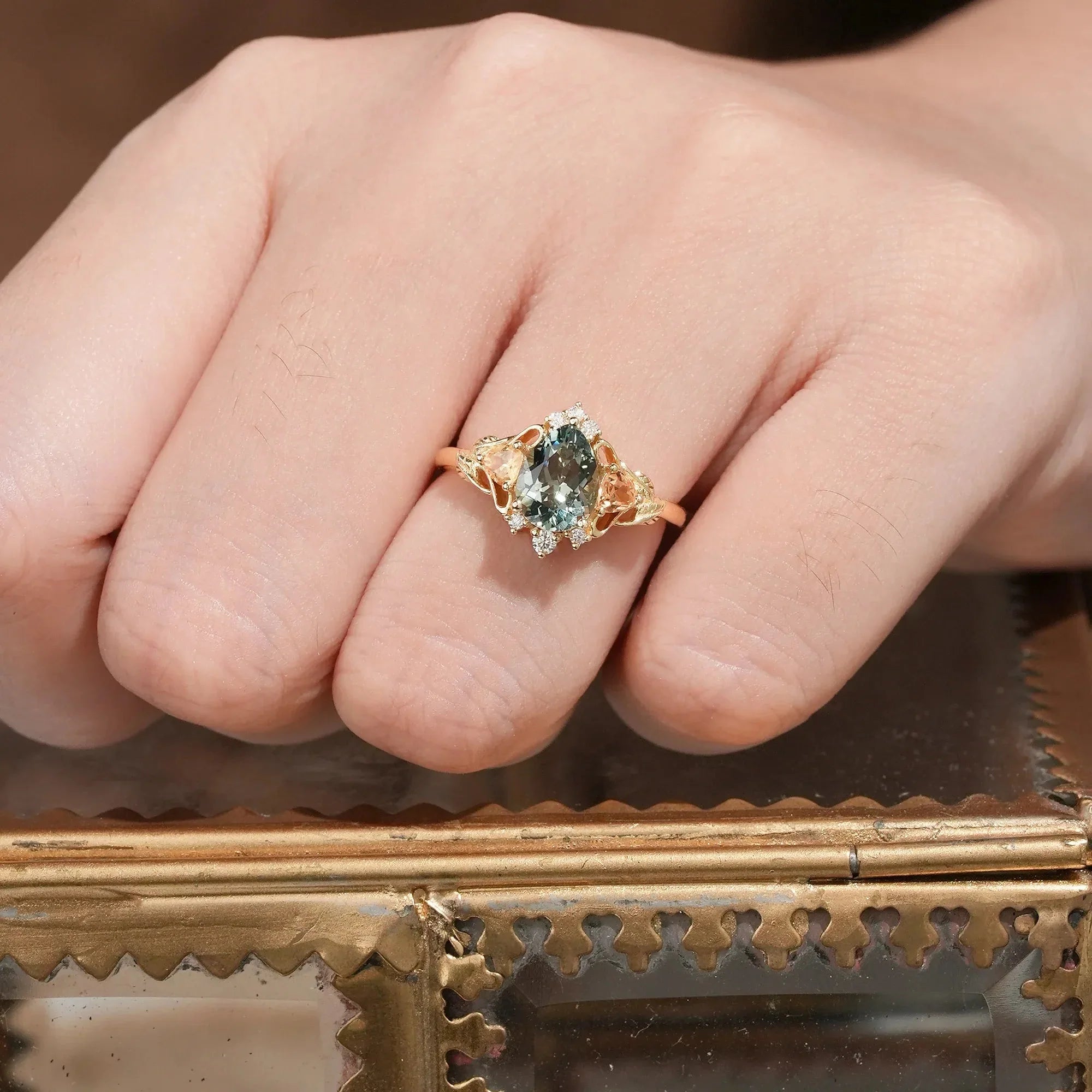 Three-Stone Lab Grown Green Sapphire Engagement Ring - Bliss