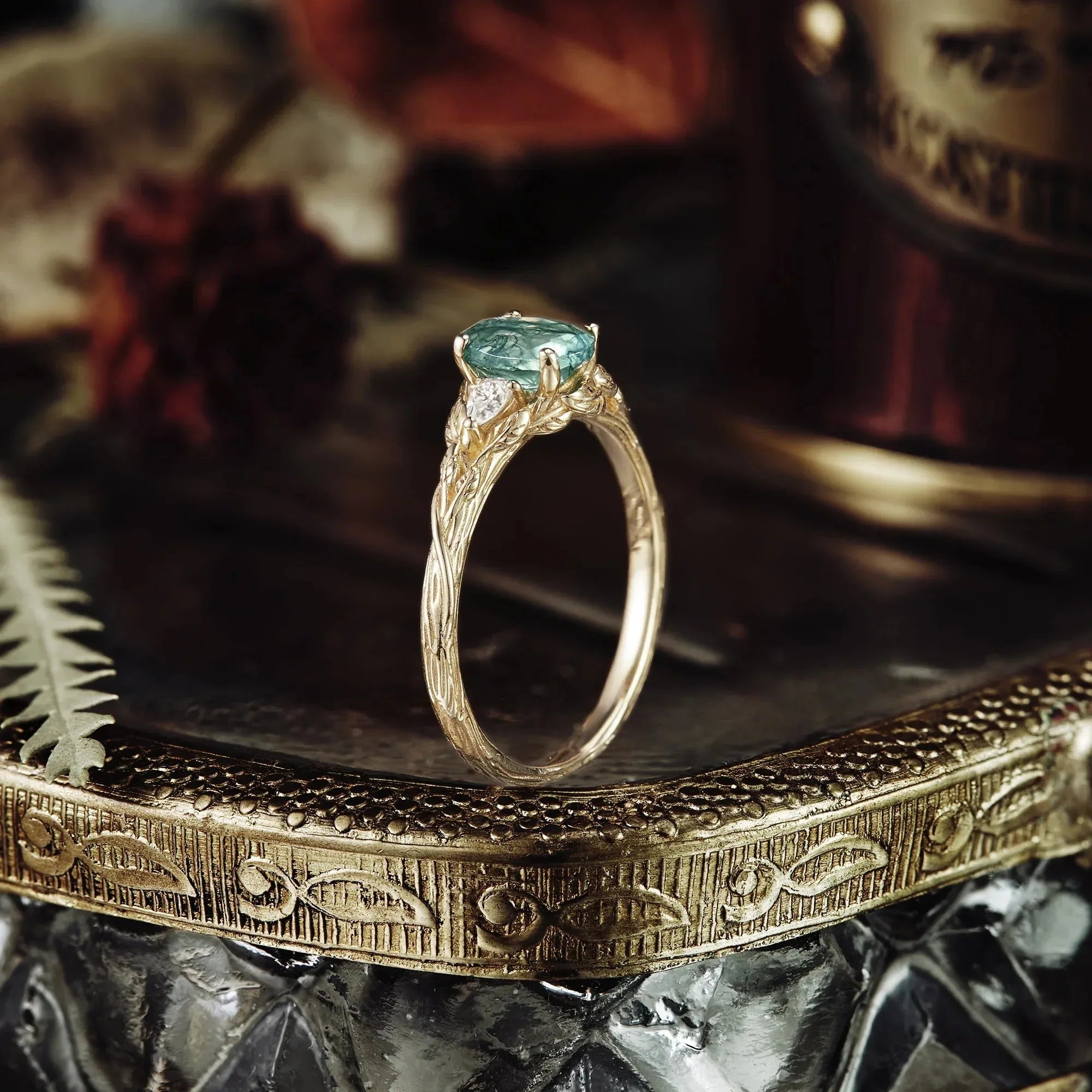 Three-Stone Moss Agate and Moissanite Ring - Elowen