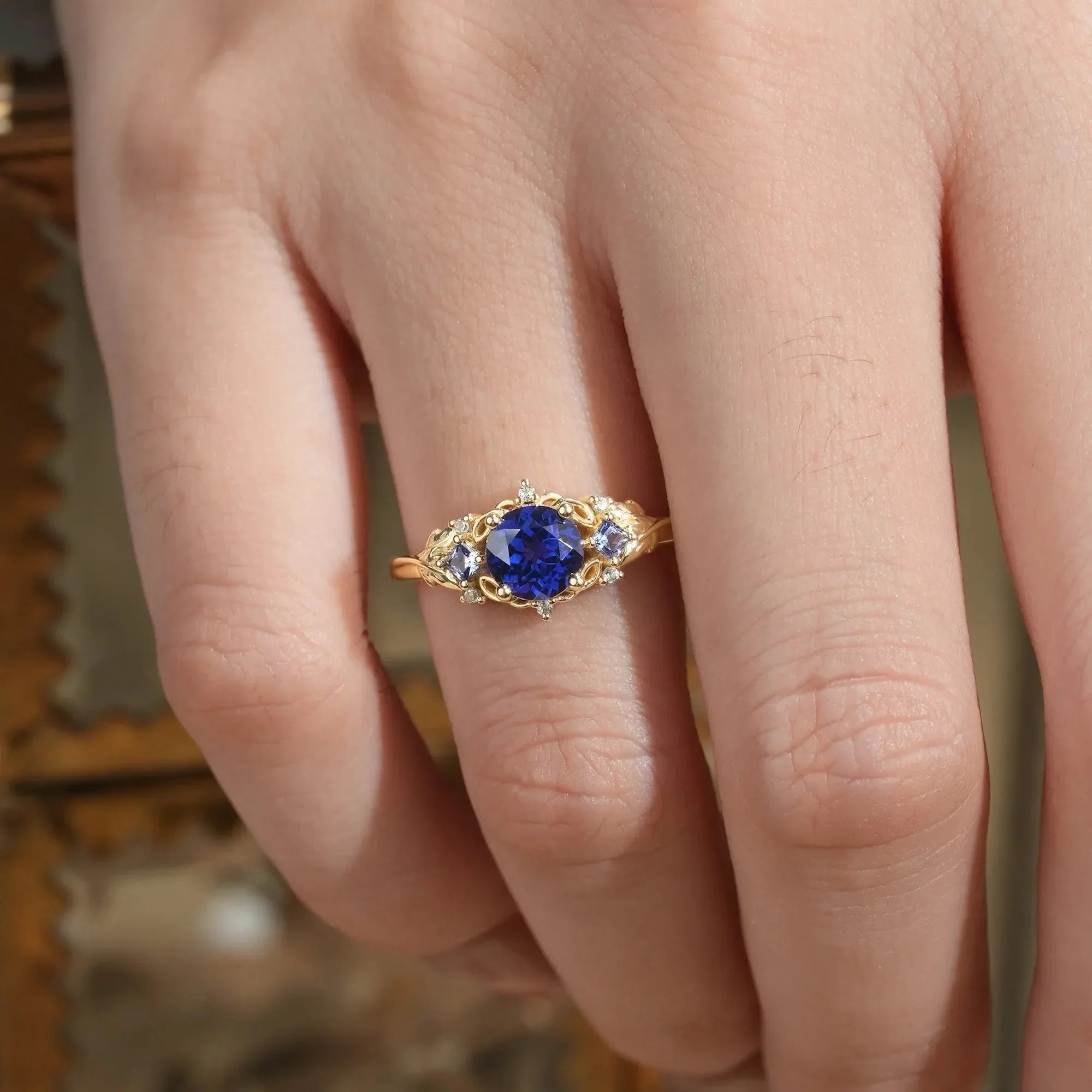 Three Stone Royal Blue Sapphire Engagement Ring - Estelle