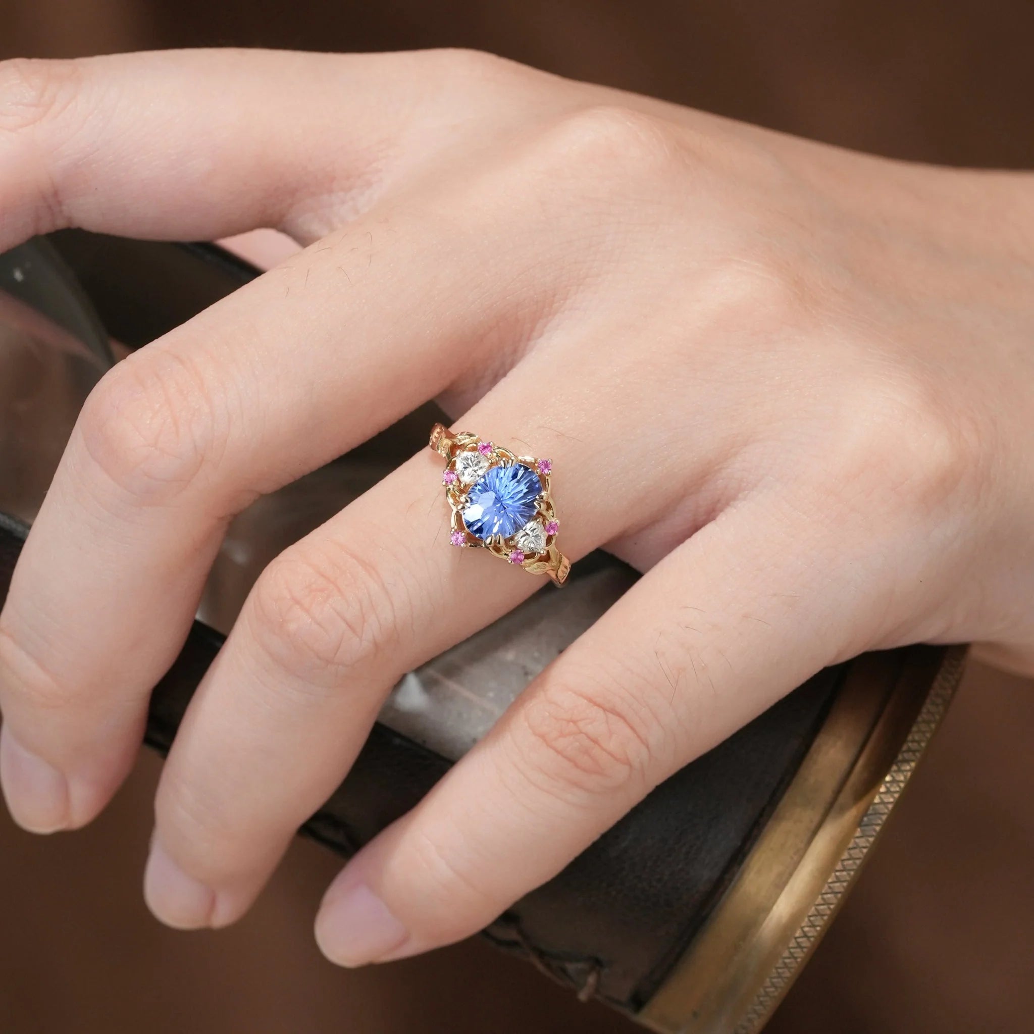 Three-Stone Sparkle Cut Sapphire Engagement Ring - Audrey