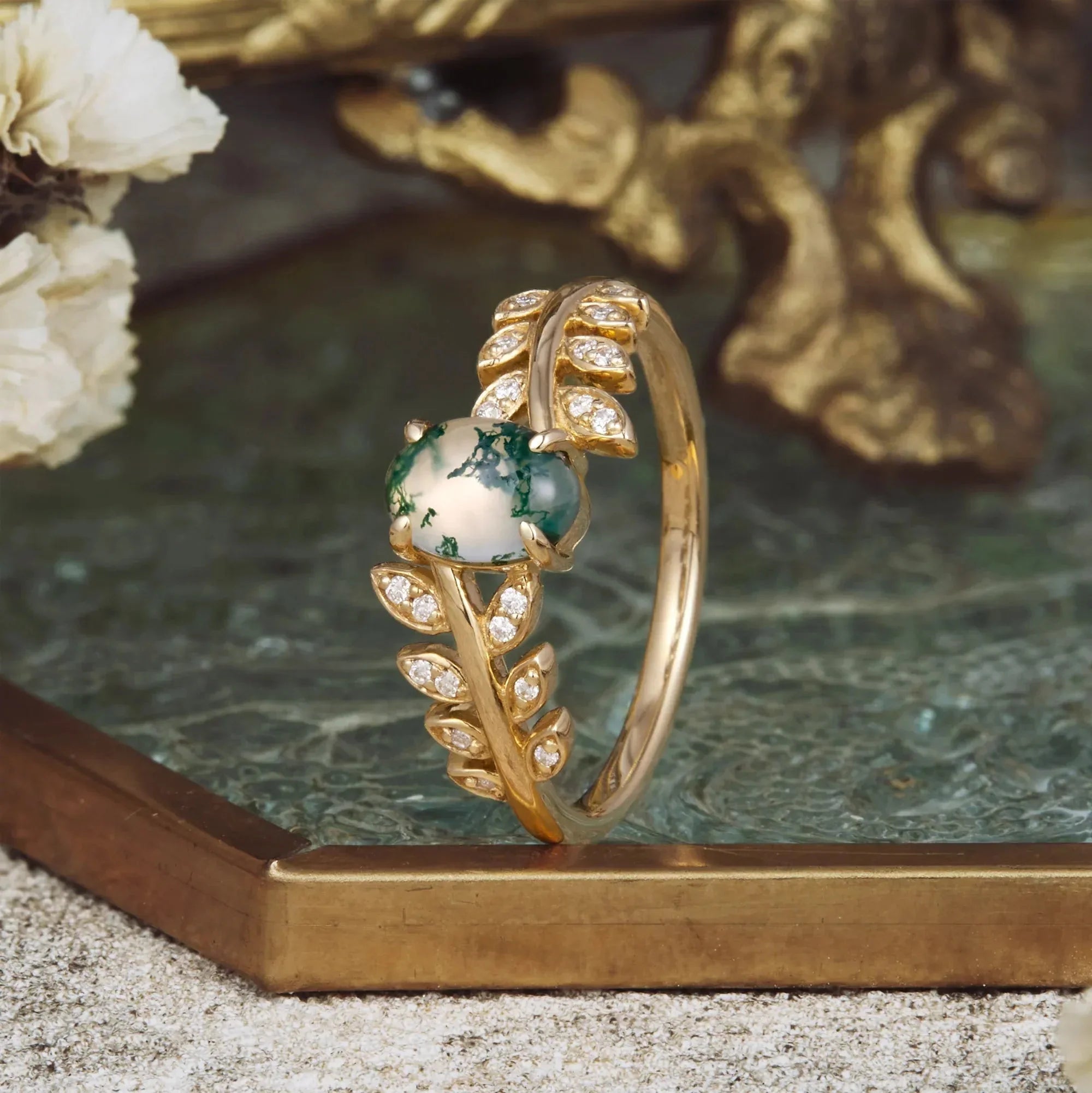 Two - stone - leaf Moss Agate Engagement Ring - Nartya