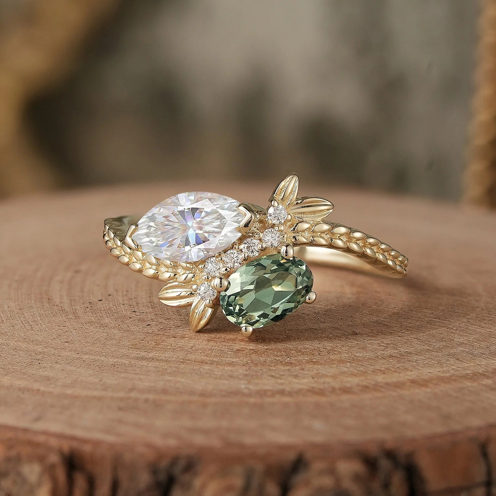 Two - Stone Moissanite and Green Sapphire Engagement Ring-Nana