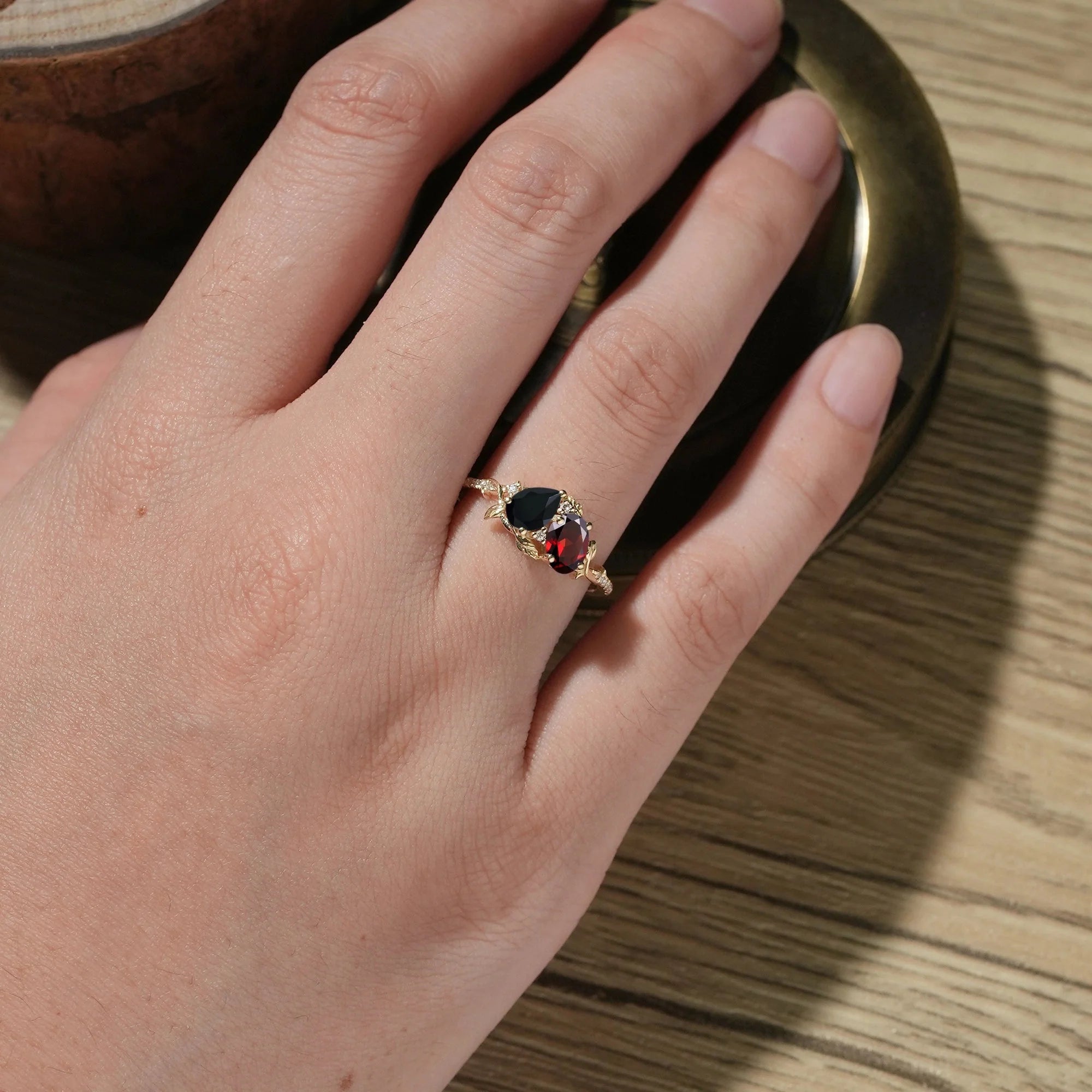 Two - Stone Pear Onyx And Oval Garnet Toi Et Moi Leaf Engagament Ring | Nartya
