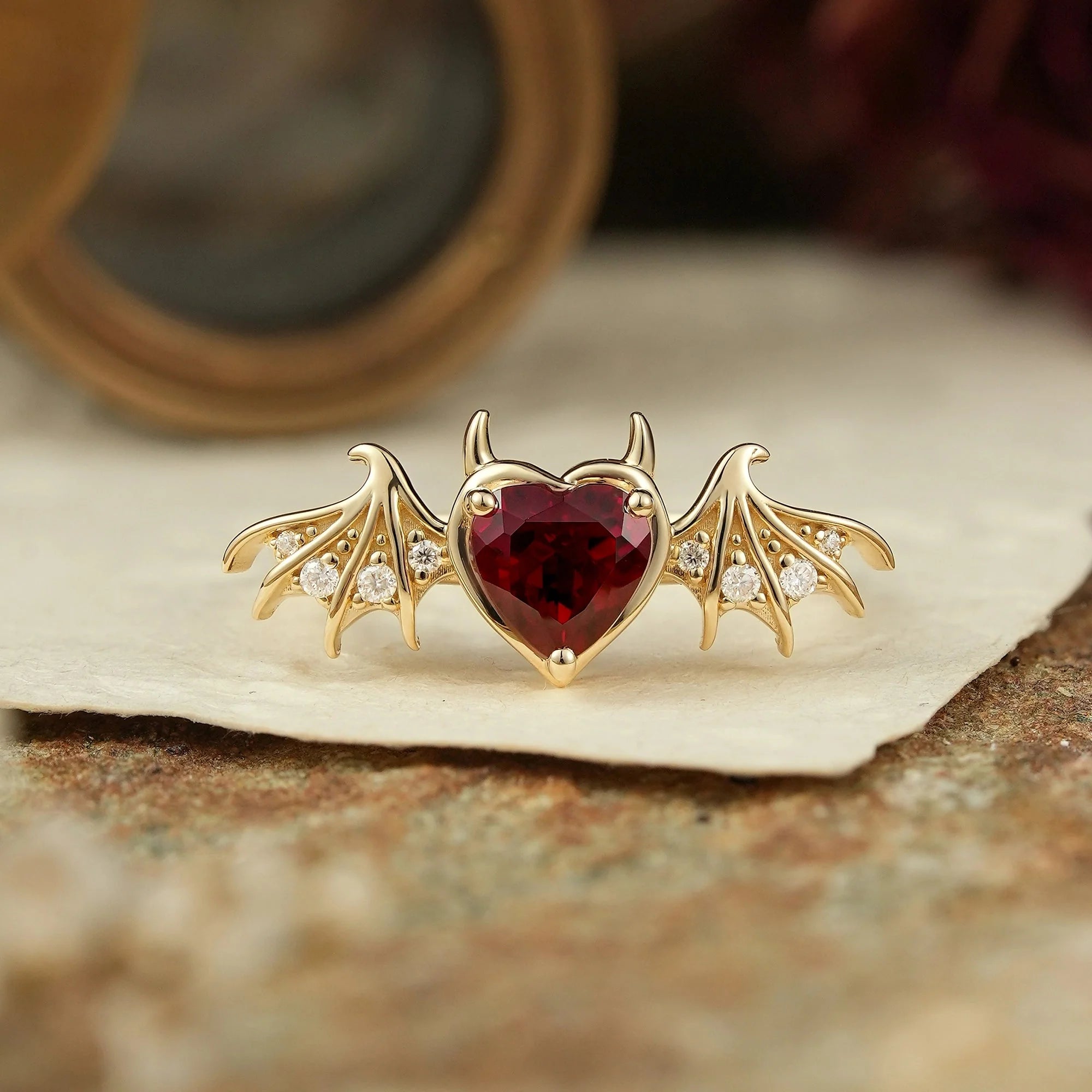 Unique Heart Cut Ruby Bat Inspired Engagement Ring