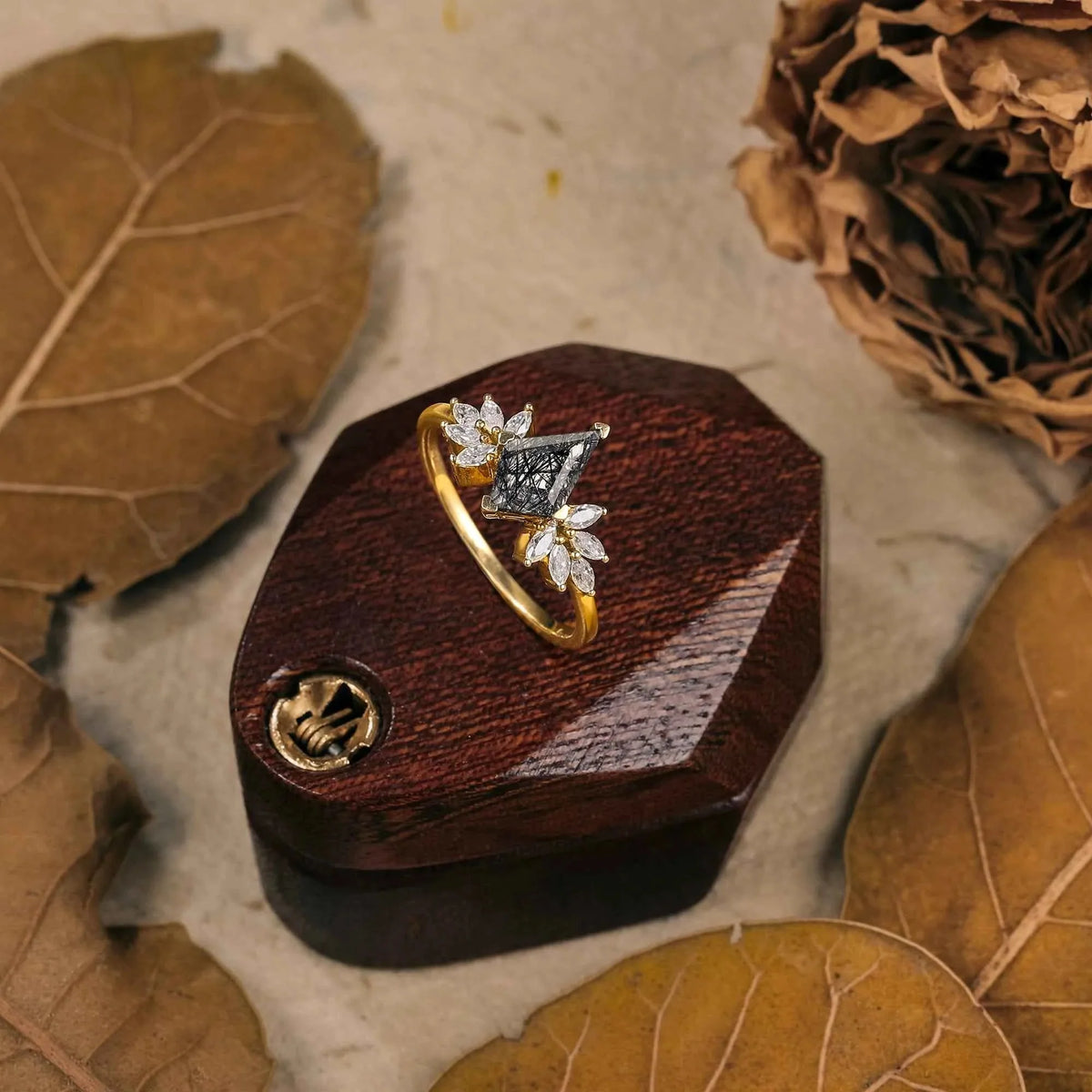 Unique Kite Shaped Black Rutilated Quartz Engagement Ring