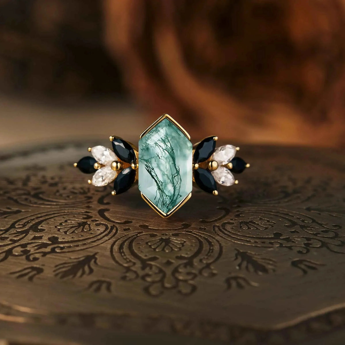 Unique Long Hexagon Cut Moss Agate Ring