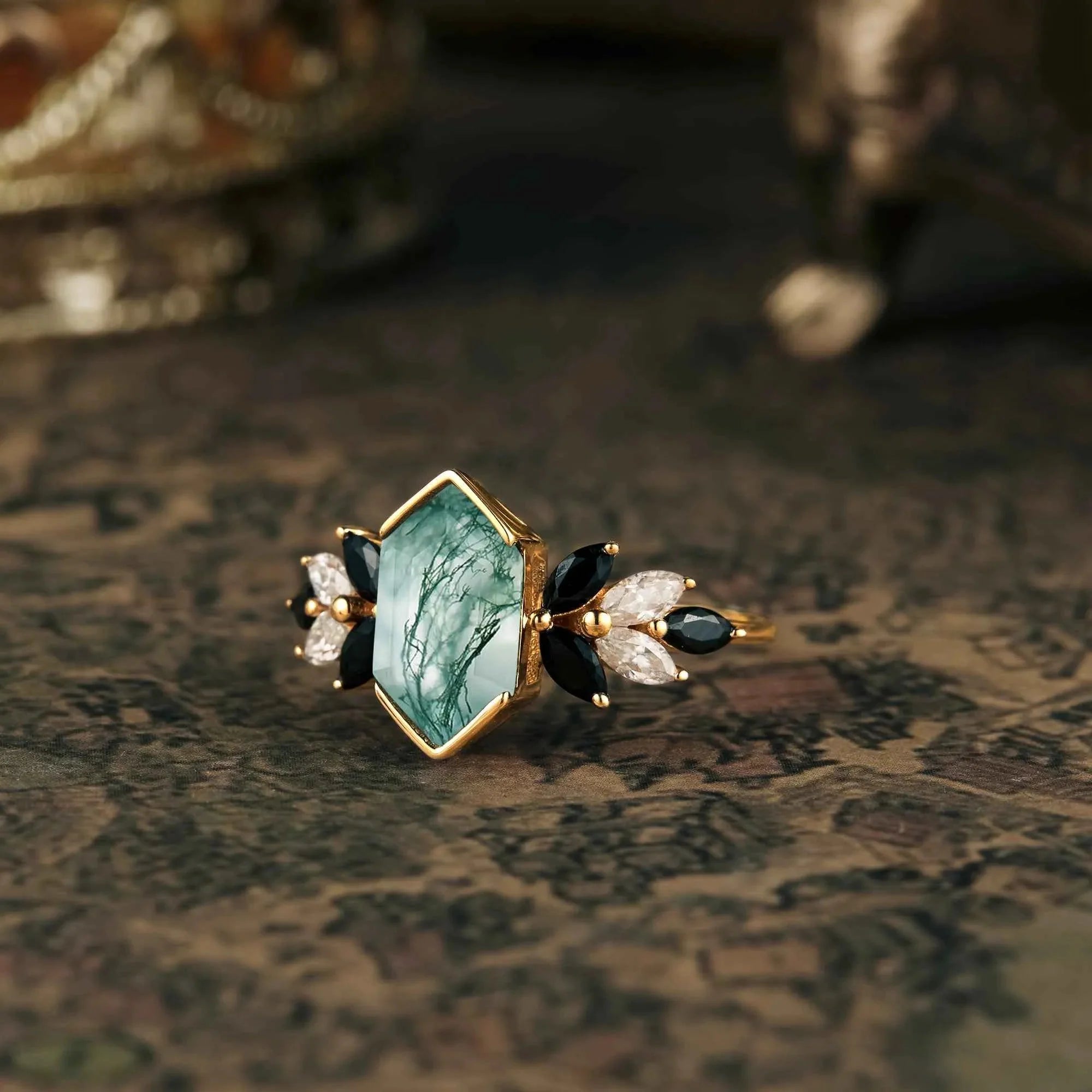 Unique Long Hexagon Cut Moss Agate Ring - Nartya