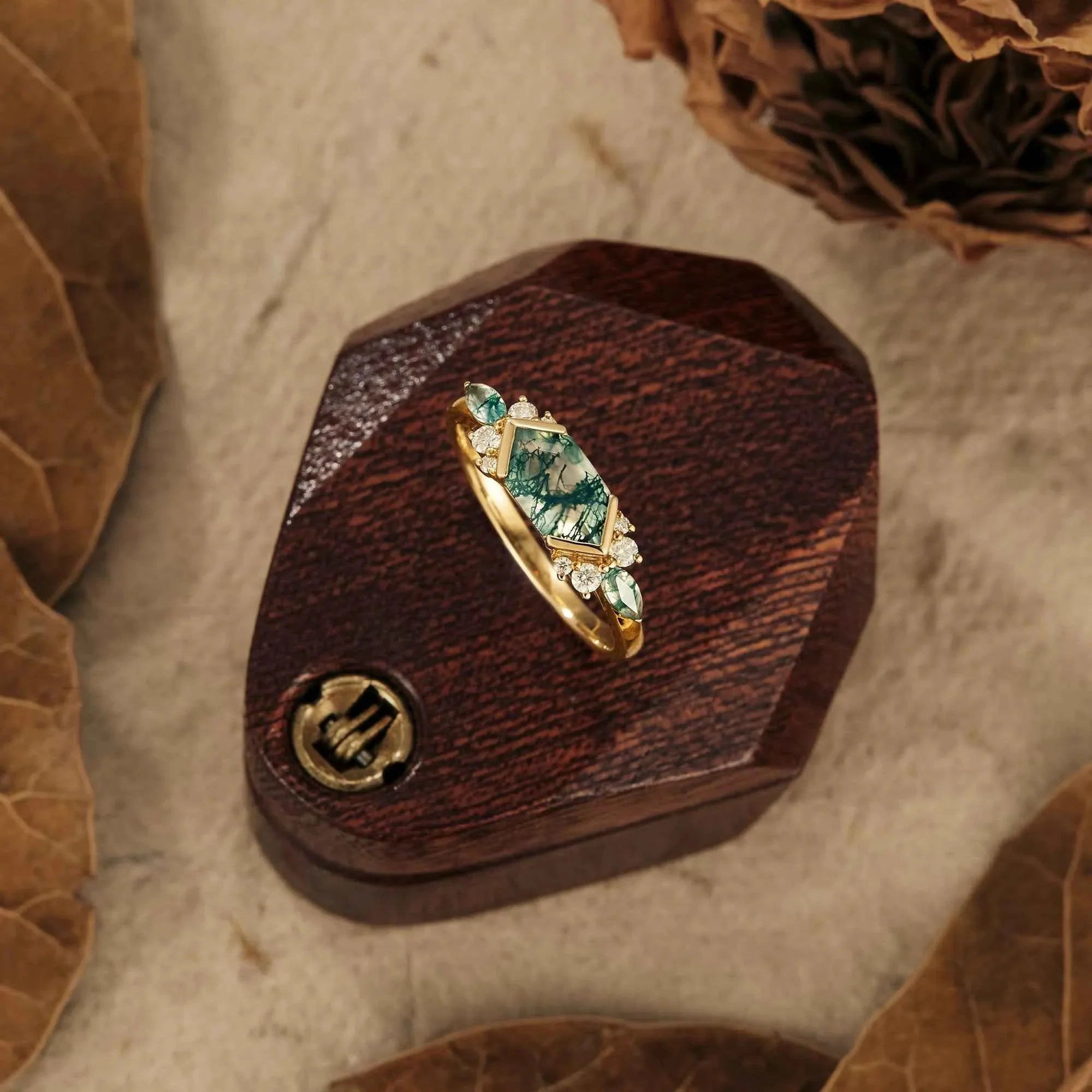 Unique Long Hexagon Moss Agate Engagement Ring - Nartya