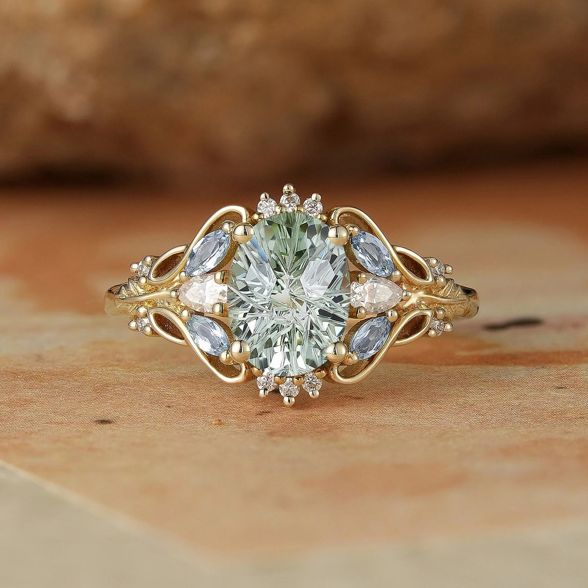 Verdant Majesty: Twisted Leaf Sparkle Cut Green Sapphire Ring