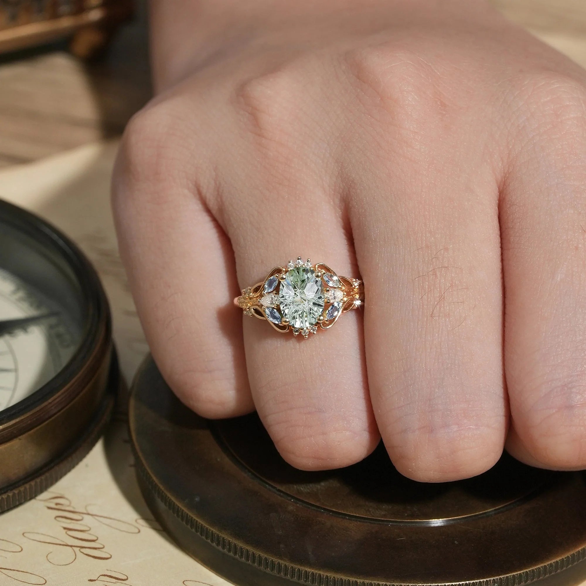 Verdant Majesty: Twisted Leaf Sparkle Cut Green Sapphire Ring