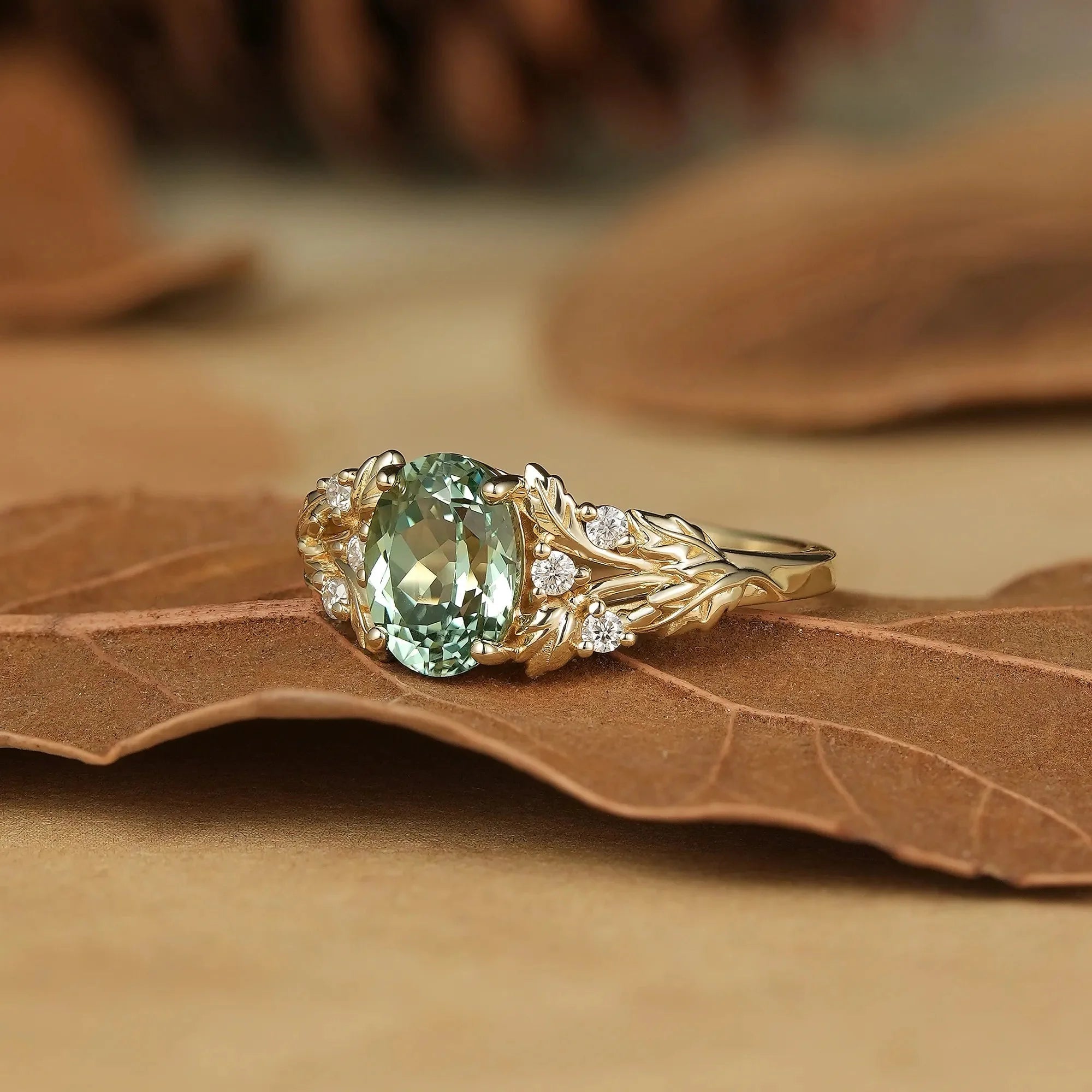 Vintage Leaf- Oval Cut Green Sapphire and Moissanite Accents-Zinnia