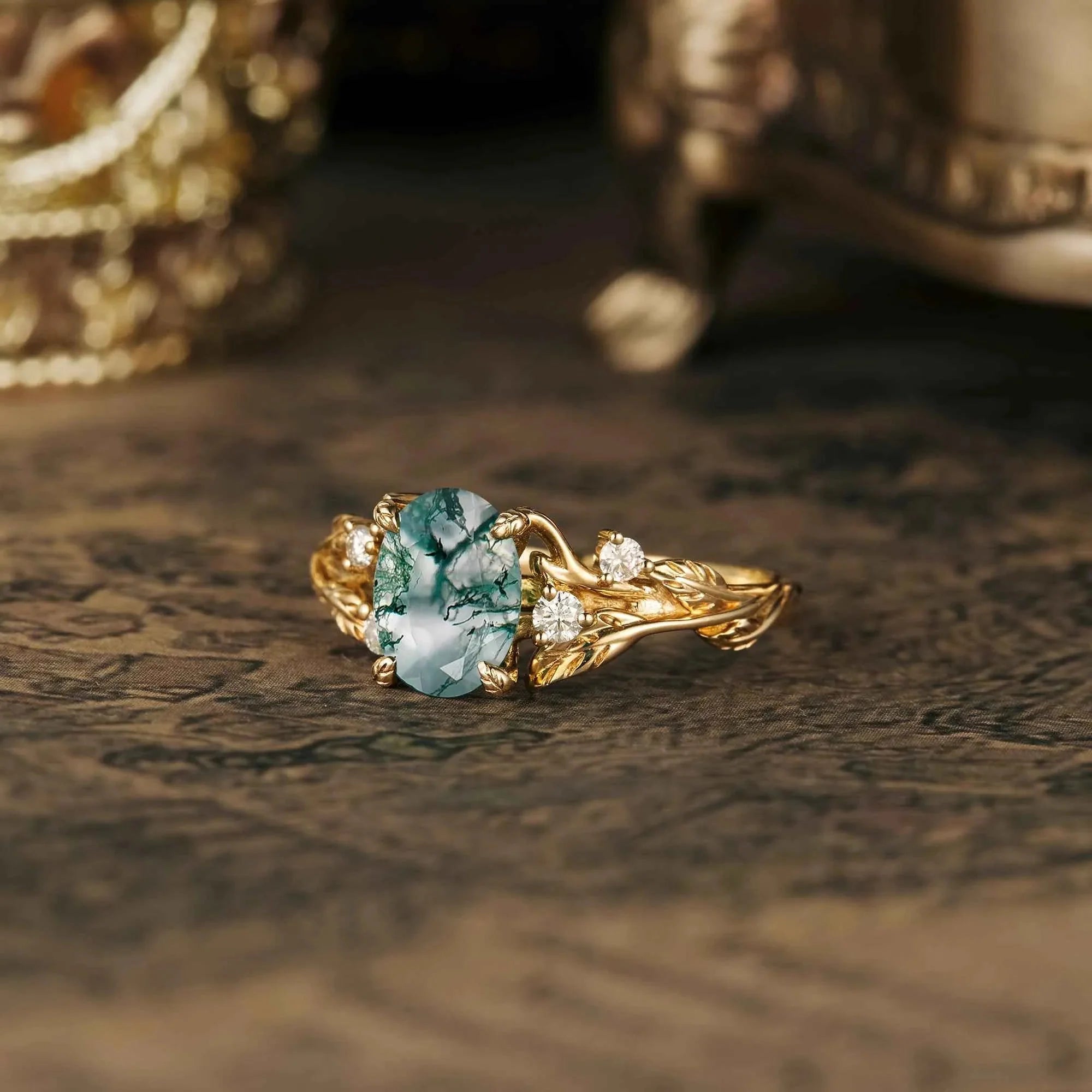 Vintage Moss Agate Leaf Floral Engagement Ring - Nartya