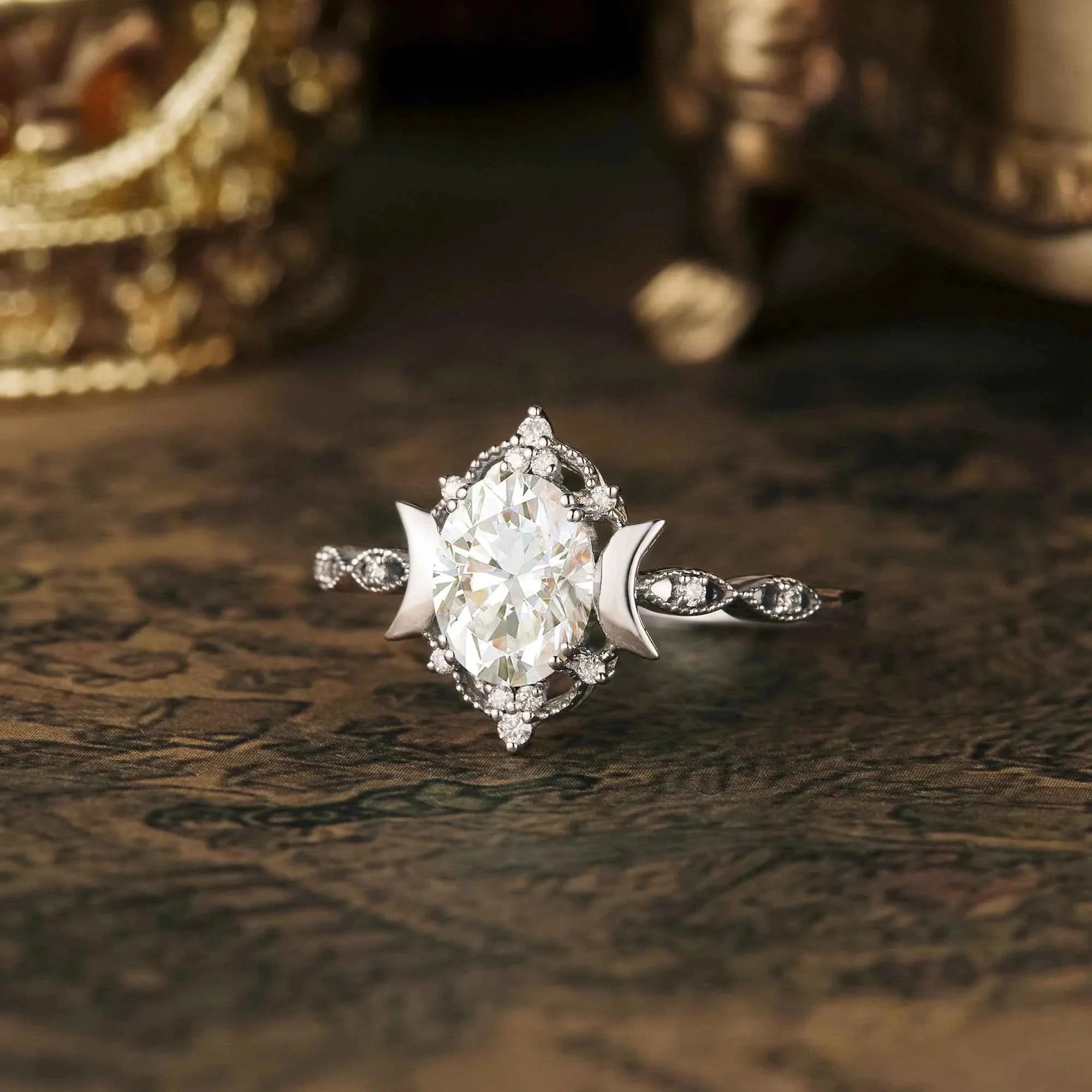 Vintage Oval Cut Moissanite Cluster White Gold Engagement Ring - Nartya