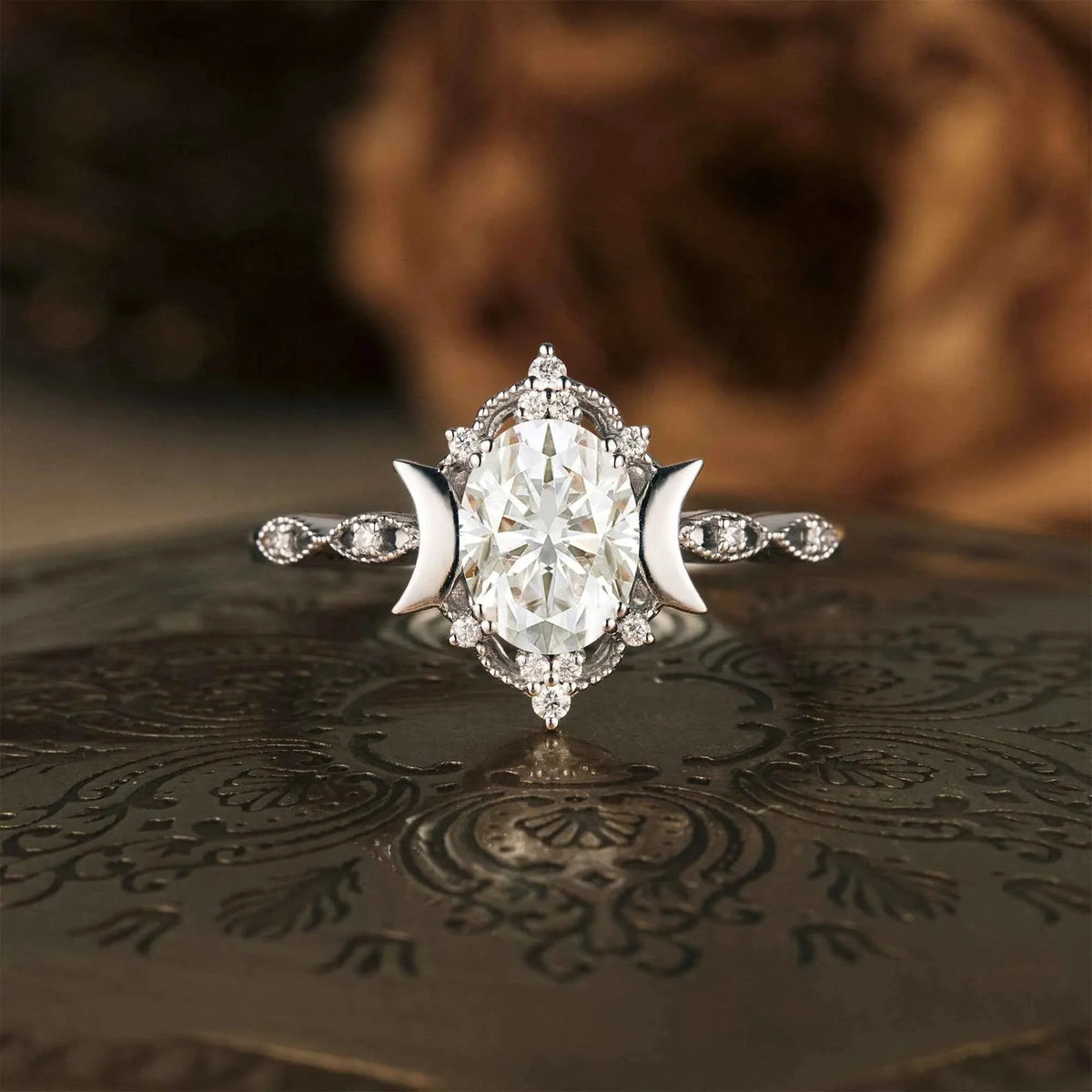 Vintage Oval Cut Moissanite Cluster White Gold Engagement Ring