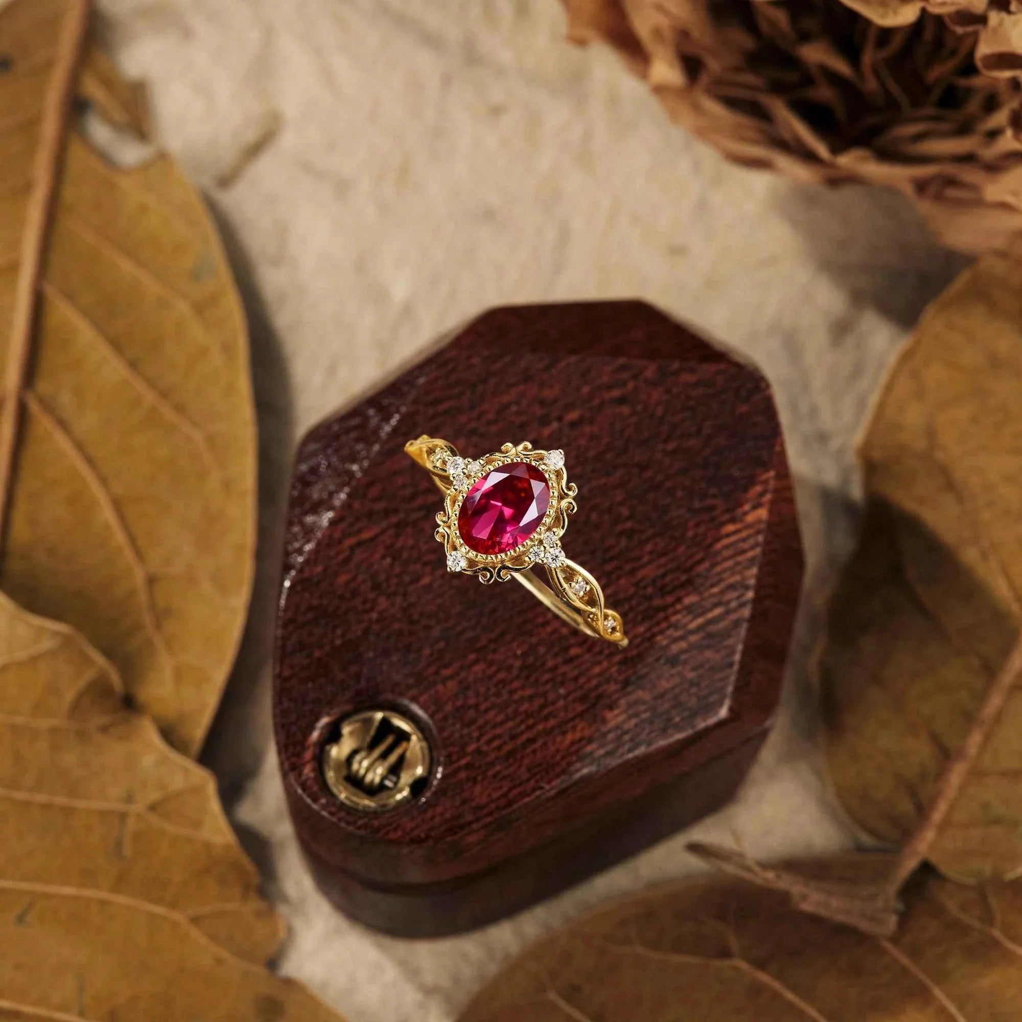 Vintage Oval Lab Ruby Milgrain Engagement ring - Nartya