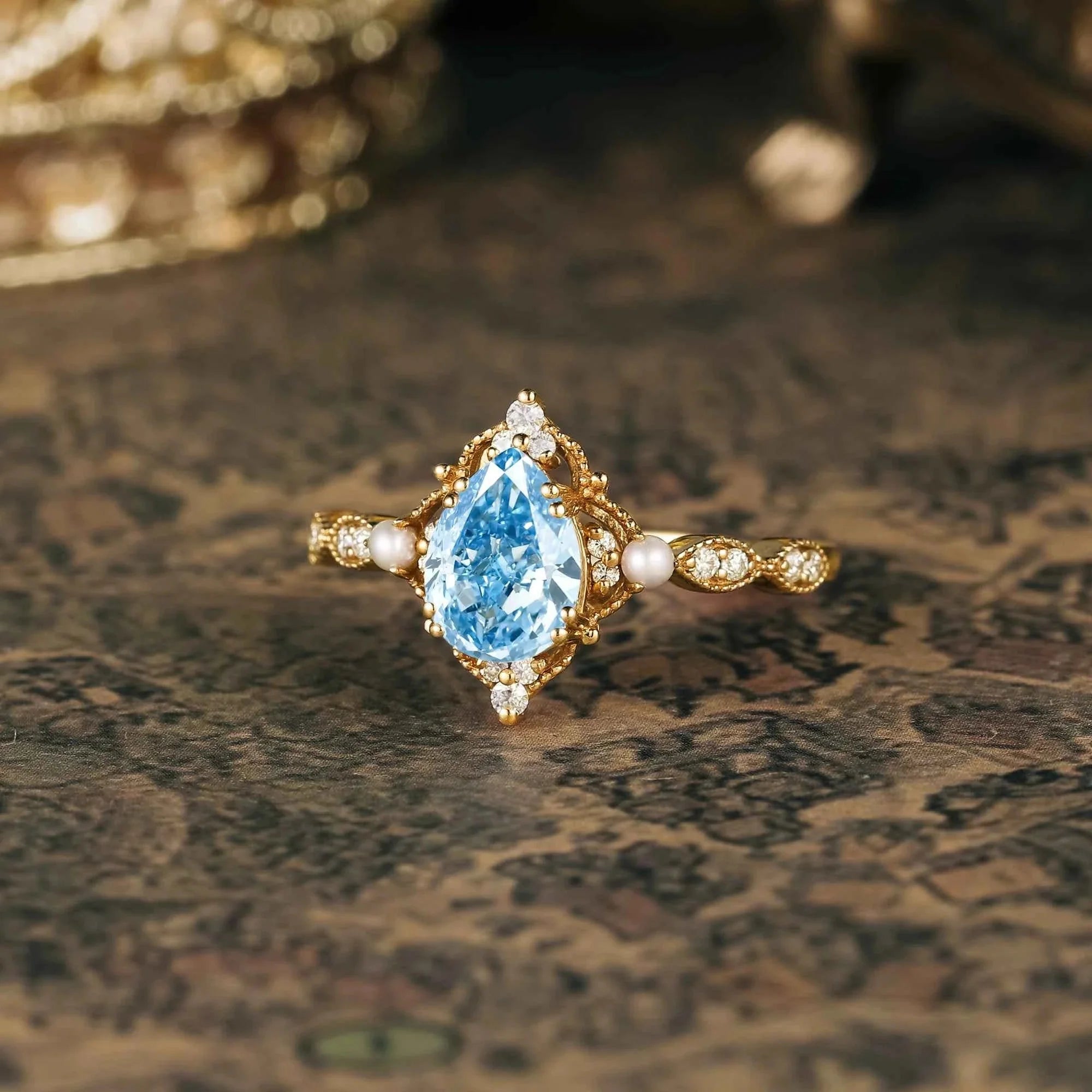 Vintage Pear Cut Lab Grown Blue Moissanite Milgrain Engagement Ring - Eulalie | Nartya
