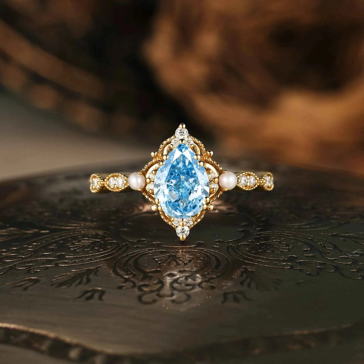 Vintage Pear Cut Lab Grown Blue Moissanite Milgrain Engagement Ring - Eulalie | Nartya