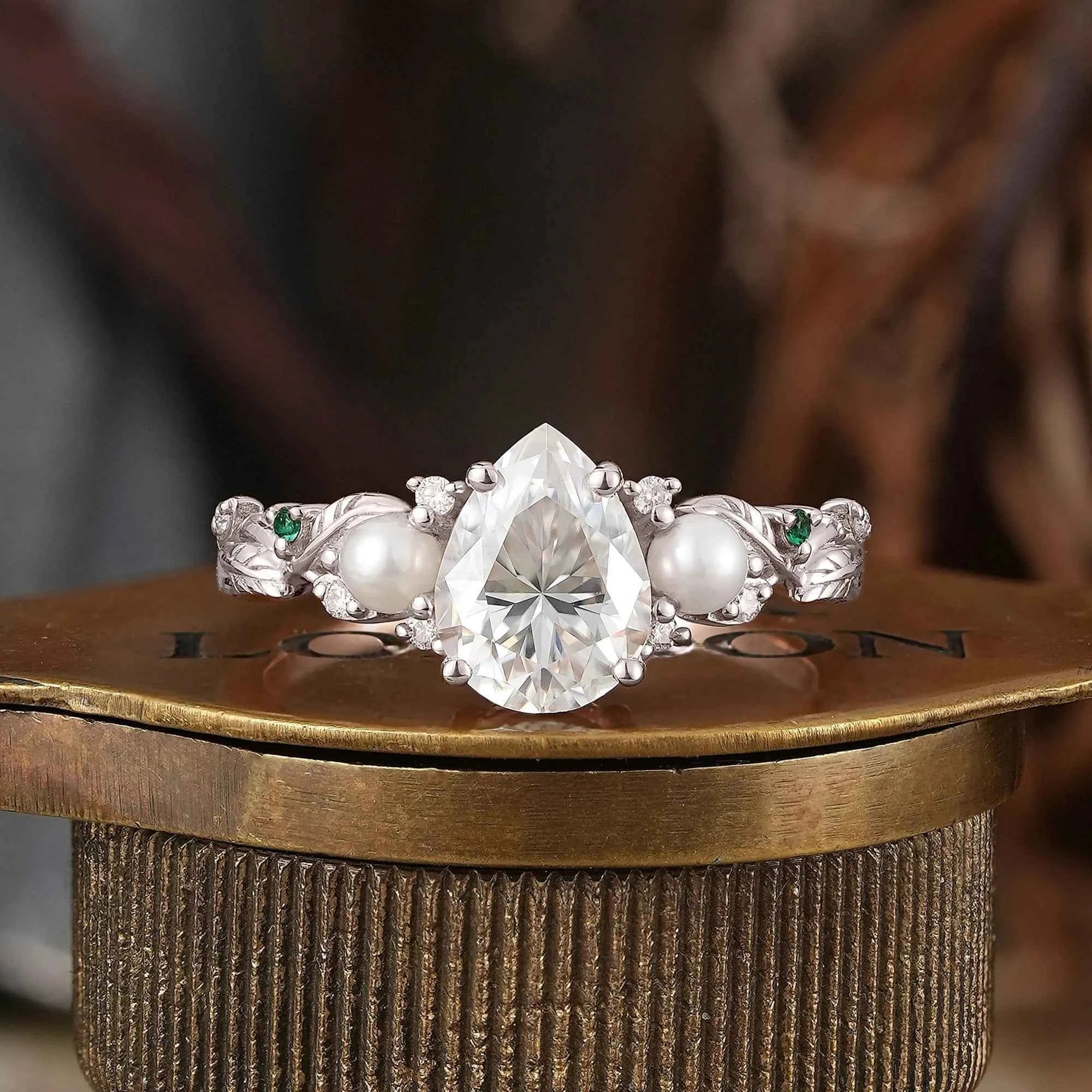 Vintage Pear Cut Moissanite And Pearl Leaf Engagement Ring