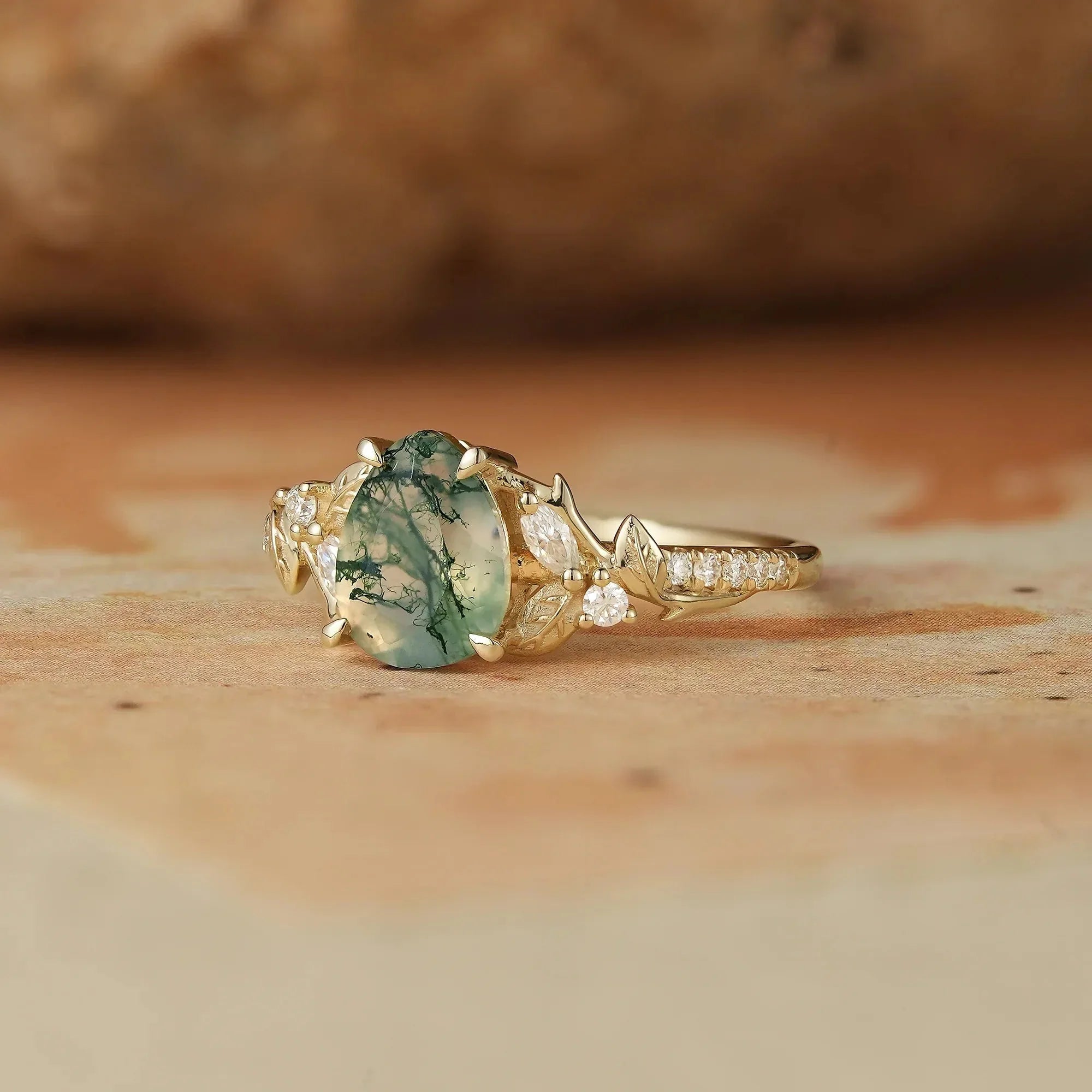 Vintage Pear Shaped Moss Agate Ring - Bryony