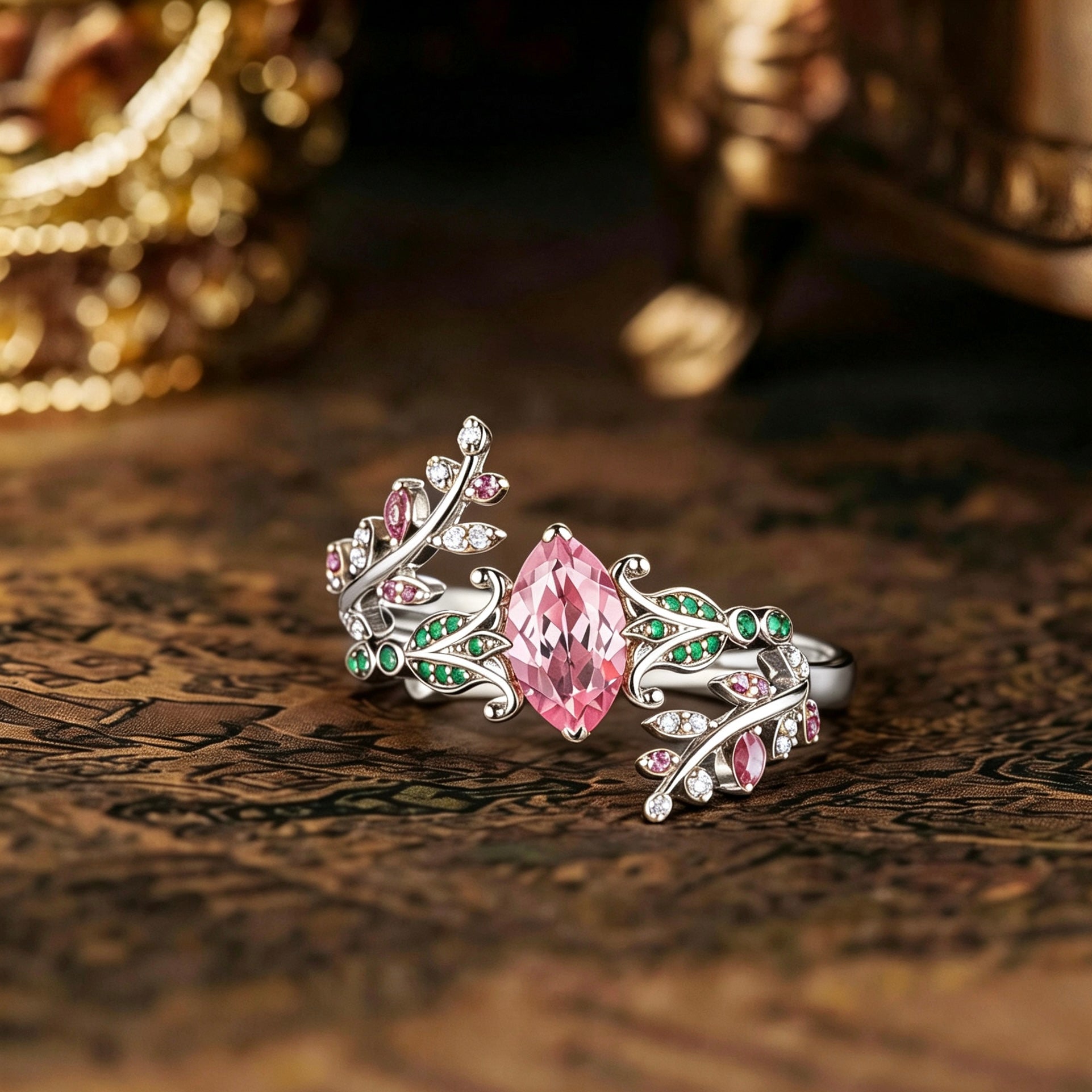 Floral Inspired | Lab Papalacha Sapphire Iris Design Engagement Ring Set